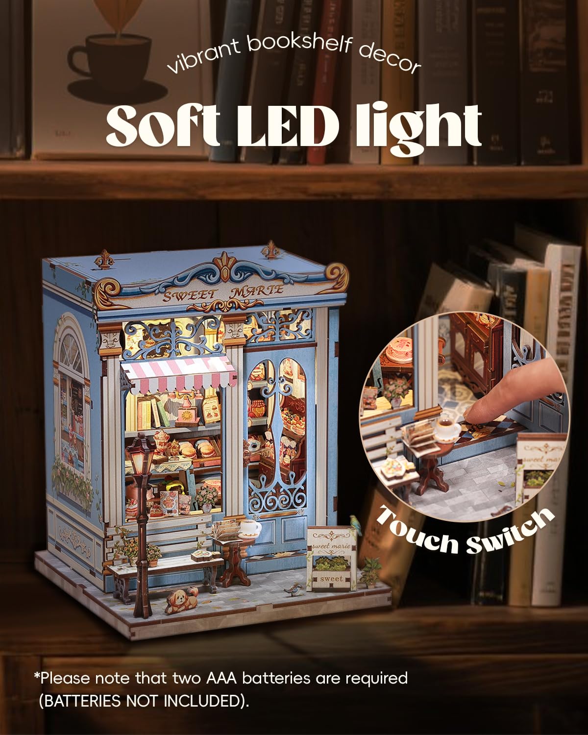 Cutefun Sweet Marie Book Nook Kit LED light on brightens delicate details.