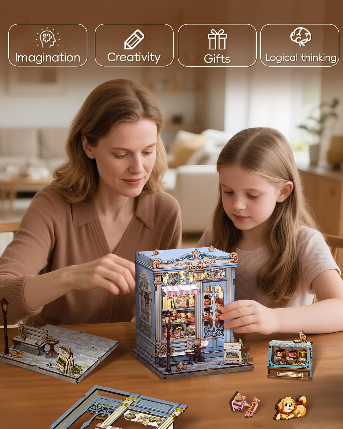 Cutefun Sweet Marie Book Nook Kit packaging includes everything except glue and batteries.