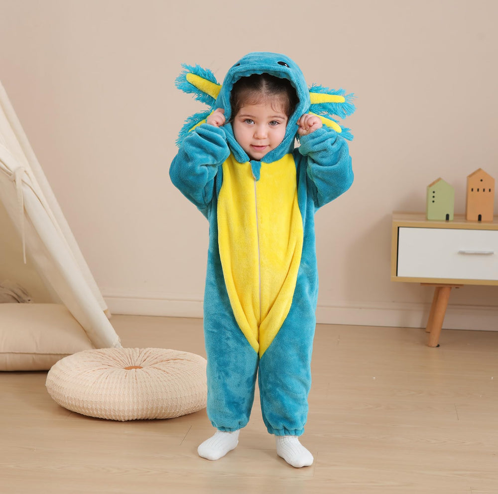 CuteOn axolotl onesie blue zipper detail ideal for easy diaper changes.