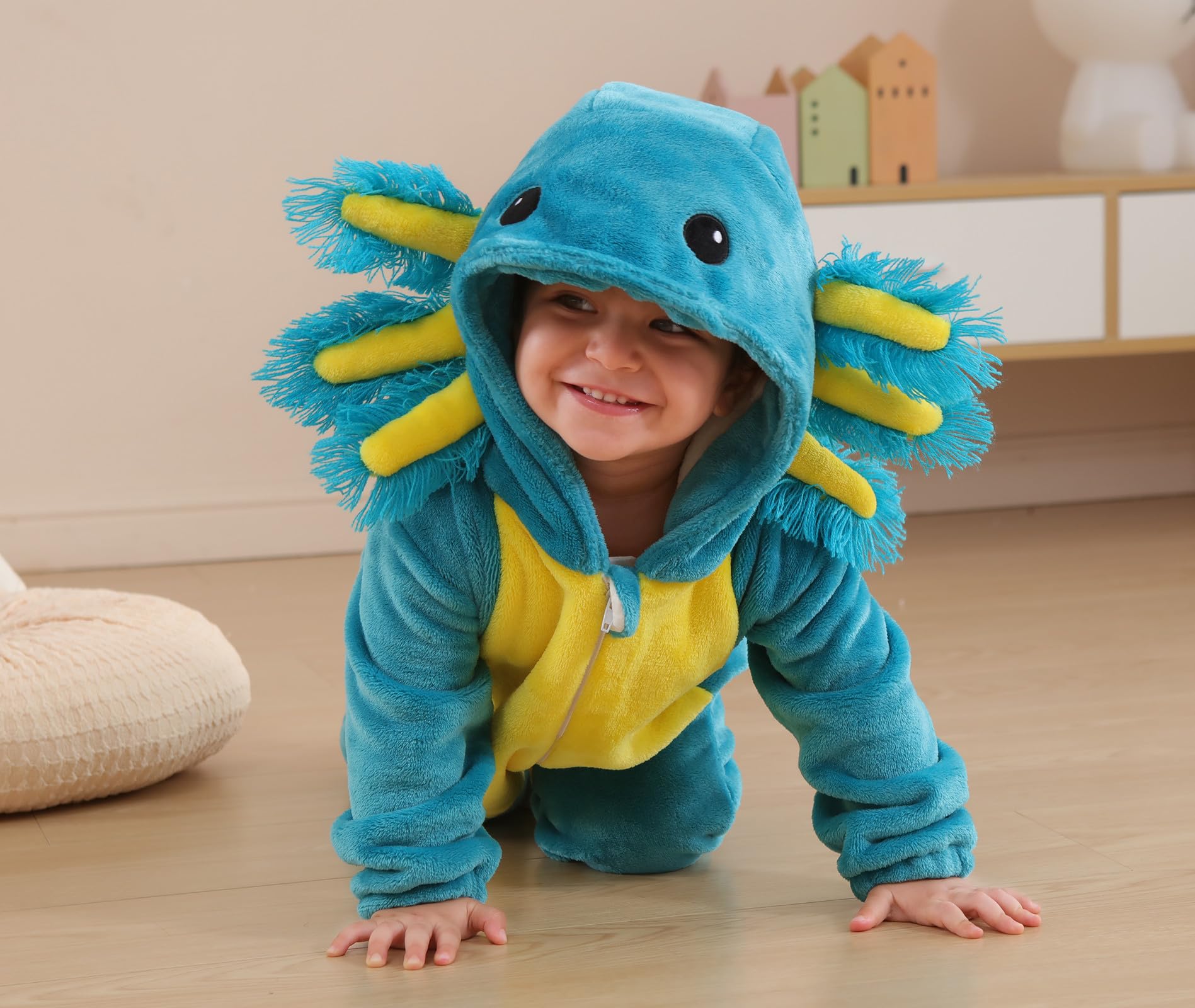 CuteOn baby axolotl costume keeps little one warm during outings.