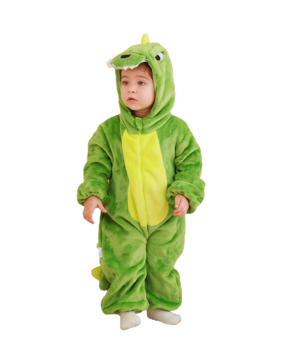 CuteOn dinosaur toddler onesie front view showing fluffy flannel warmth for winter.