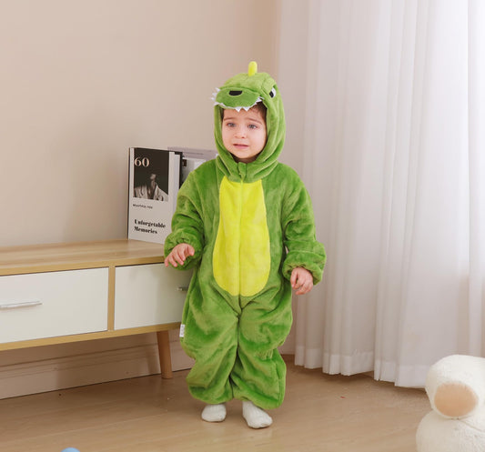 CuteOn green dinosaur onesie back view shows full coverage for chilly days.