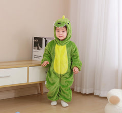 CuteOn green dinosaur onesie back view shows full coverage for chilly days.