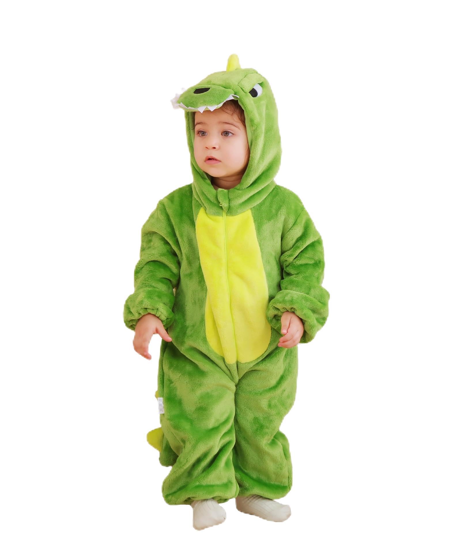 CuteOn green dinosaur onesie front view keeps toddlers warm and comfy.