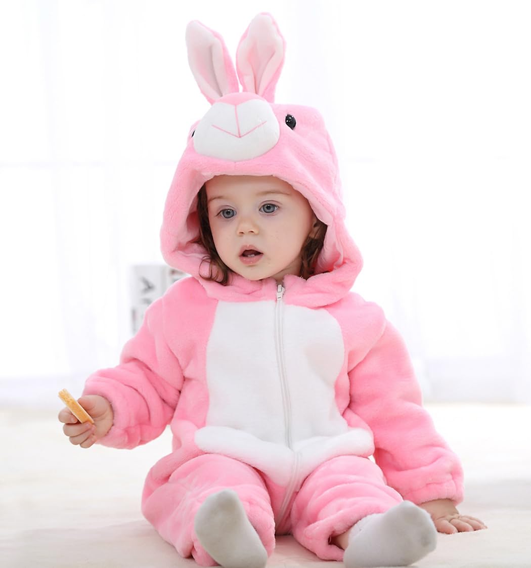 CuteOn pink bunny onesie side view showing convenient zipper for easy dressing
