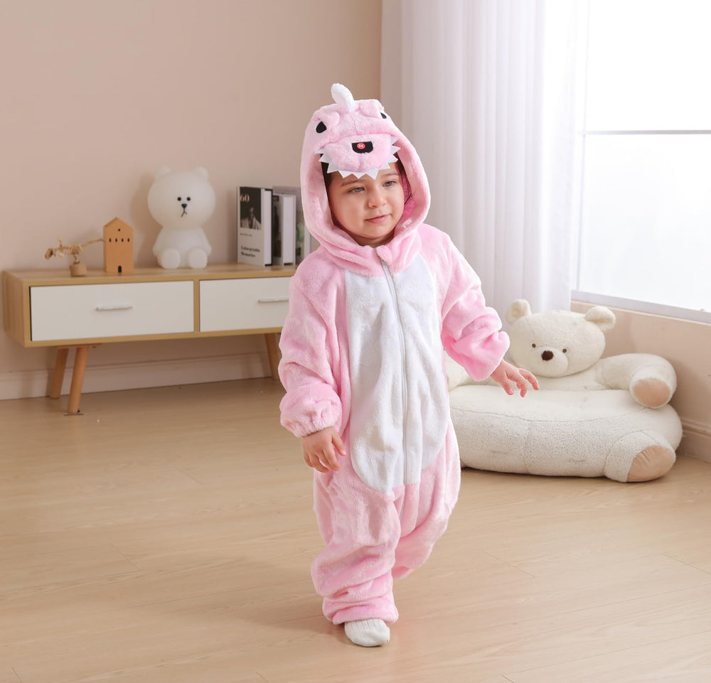 CuteOn toddler pink dinosaur onesie back view showing full coverage.