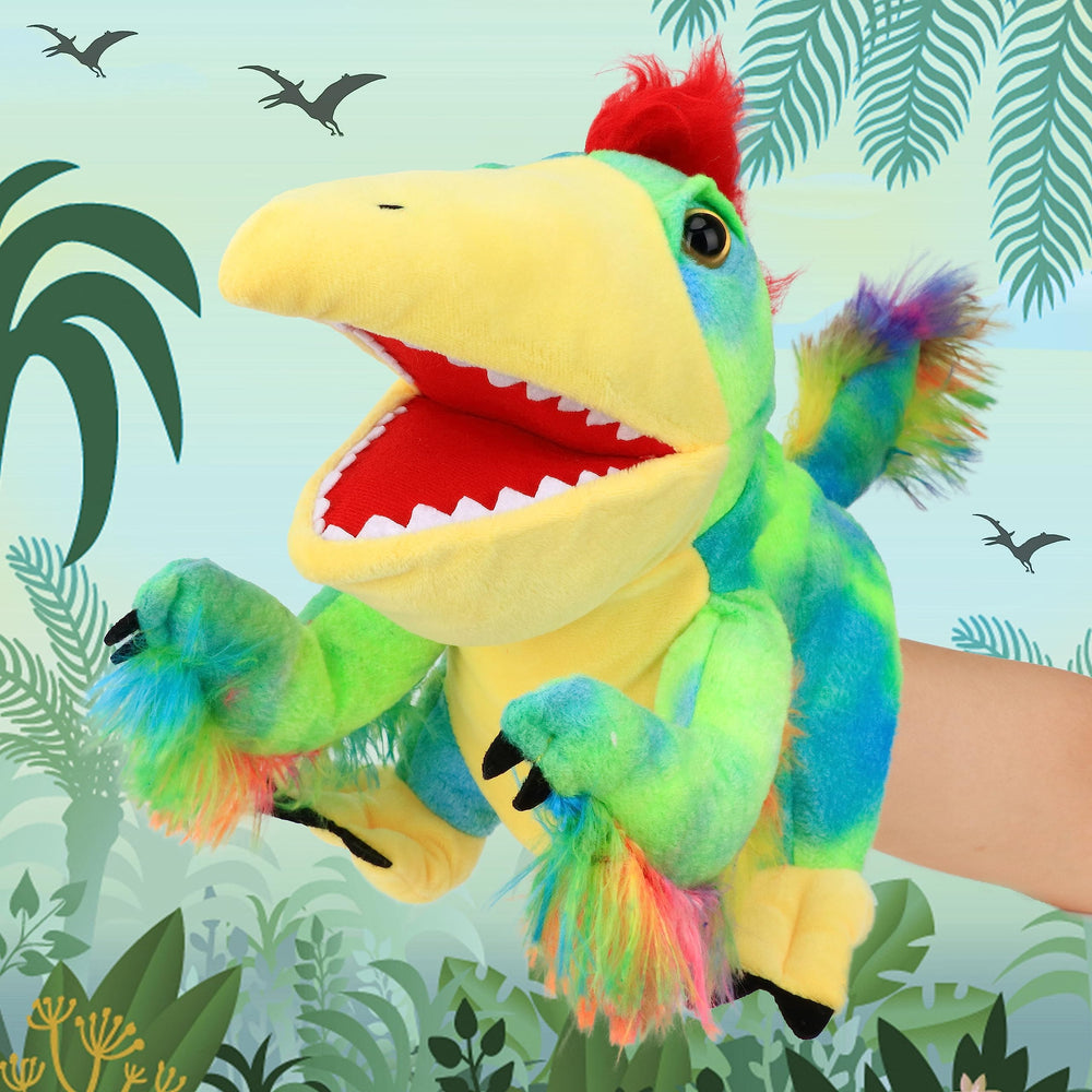 Cuteoy plush Caudipteryx hand puppet with open mouth for lively storytelling.