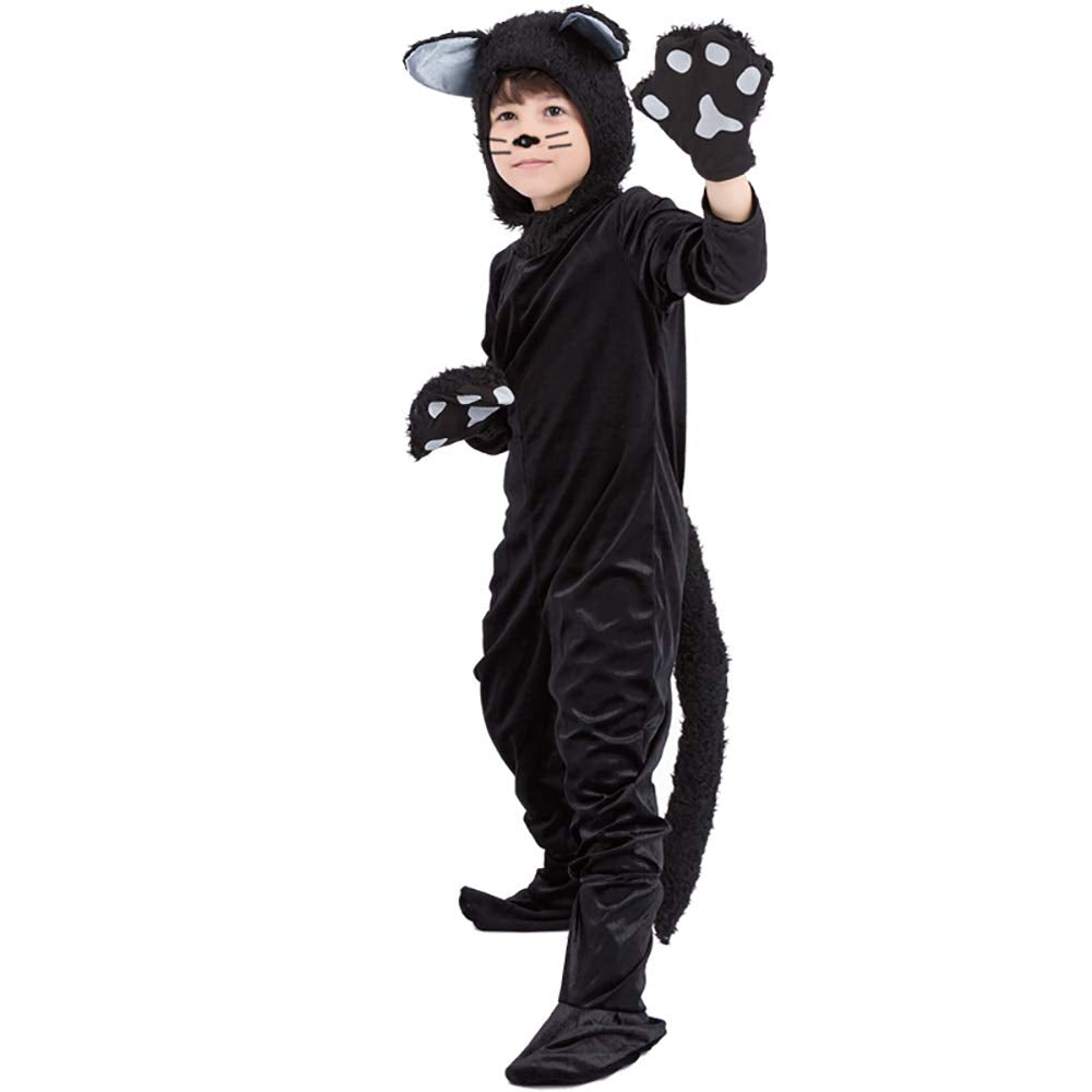 Cuteshower black cat costume back view shows full jumpsuit fit for active pretend play.
