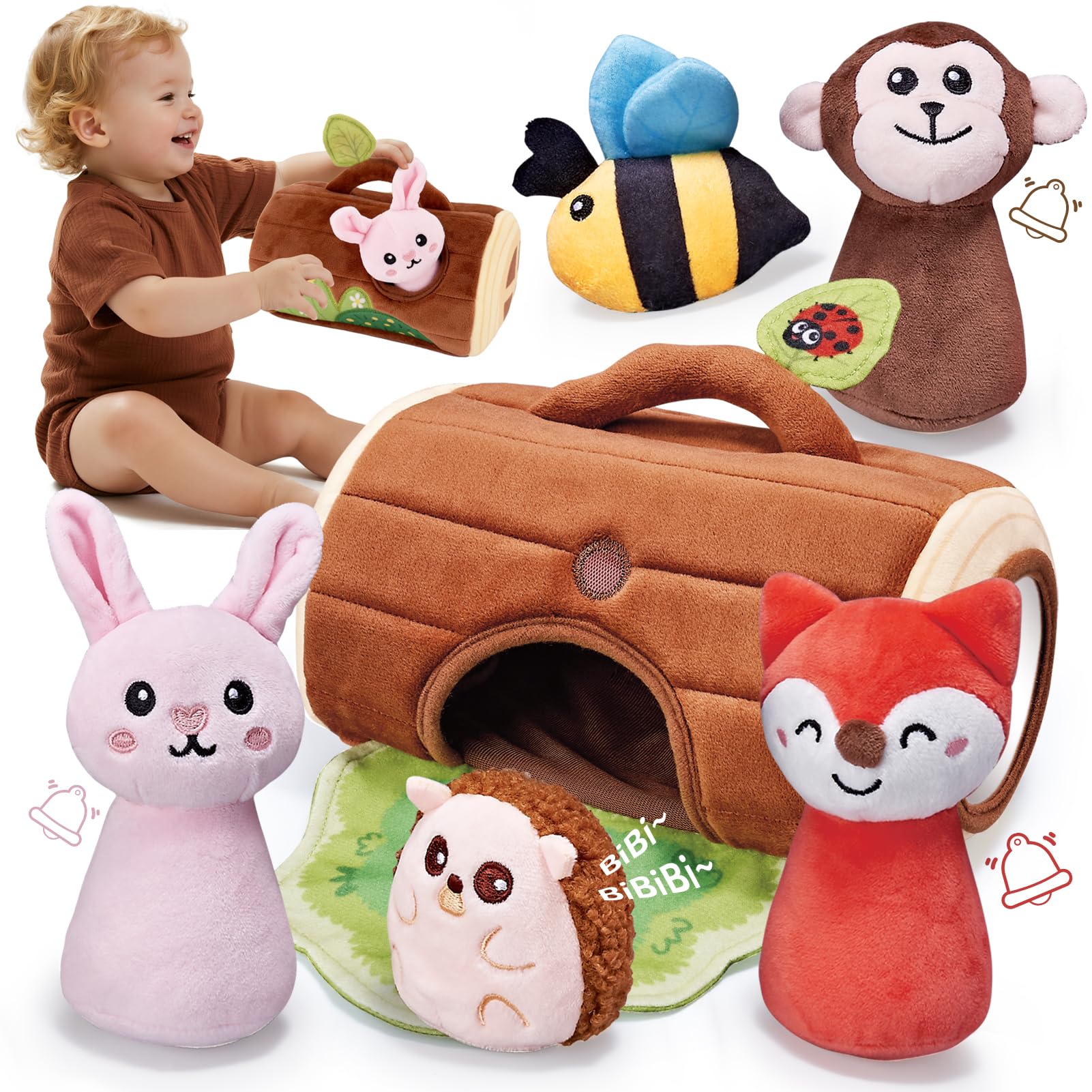 CuteZone Jungle Friends tree stump with plush animals for sensory play