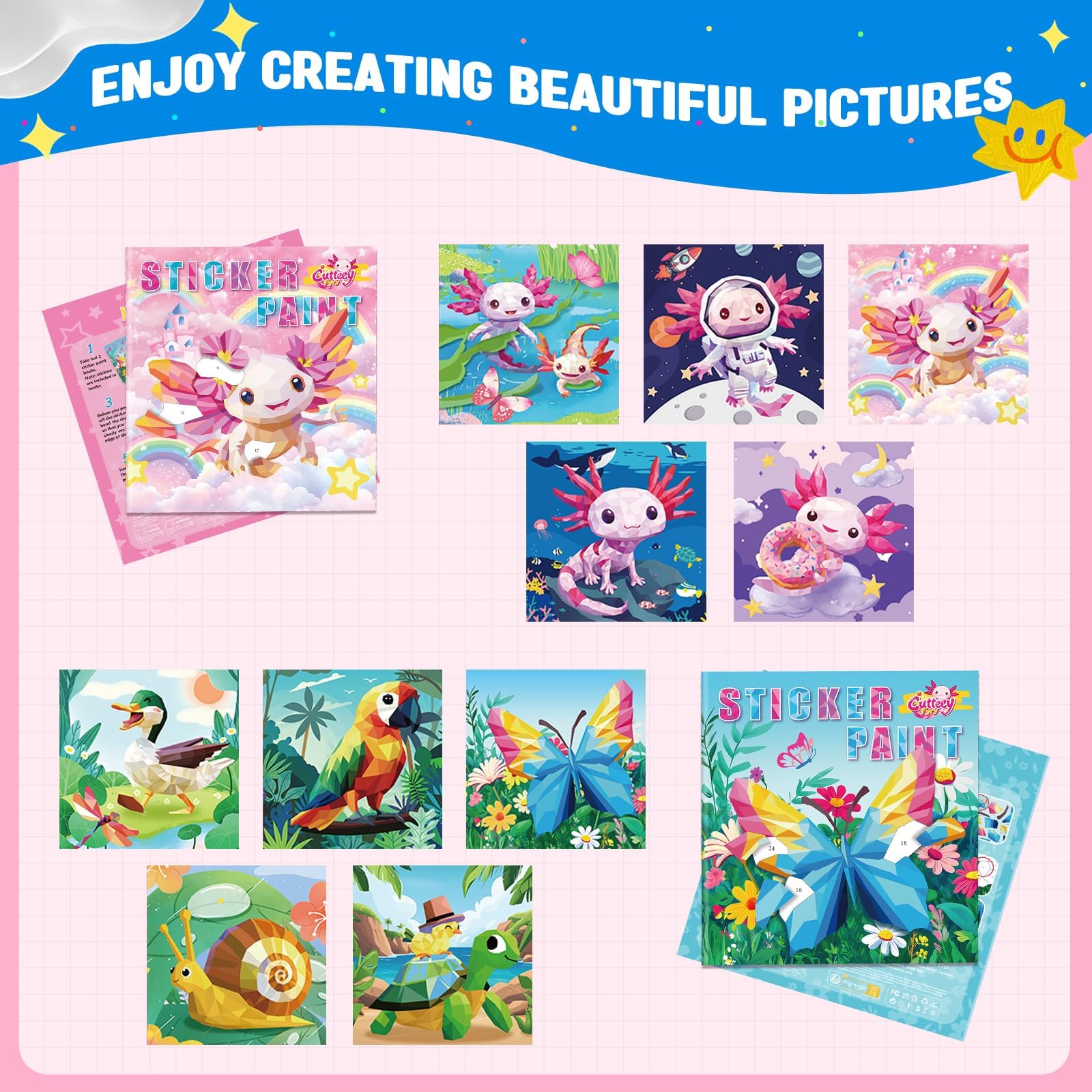 Cutteeyfyry travel book open displaying sticker pages for long car rides.