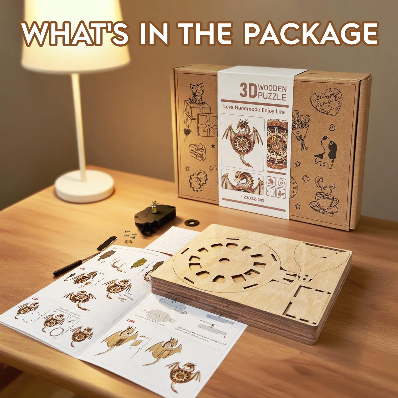 Cutywood 3D puzzle clock featuring dragon motif for adults’ challenge.