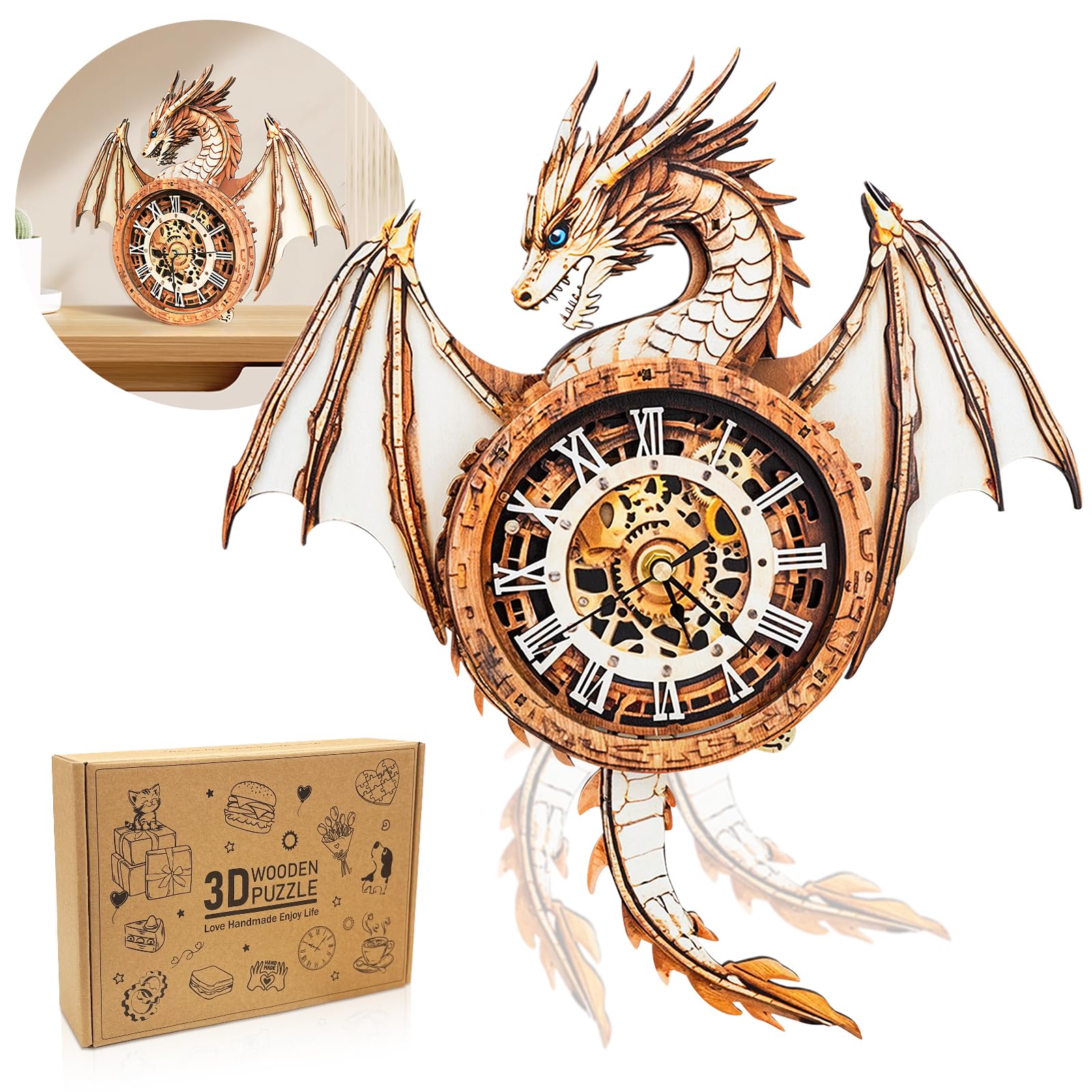 Cutywood dragon clock assembly kit reveals a detailed 3D dragon design.