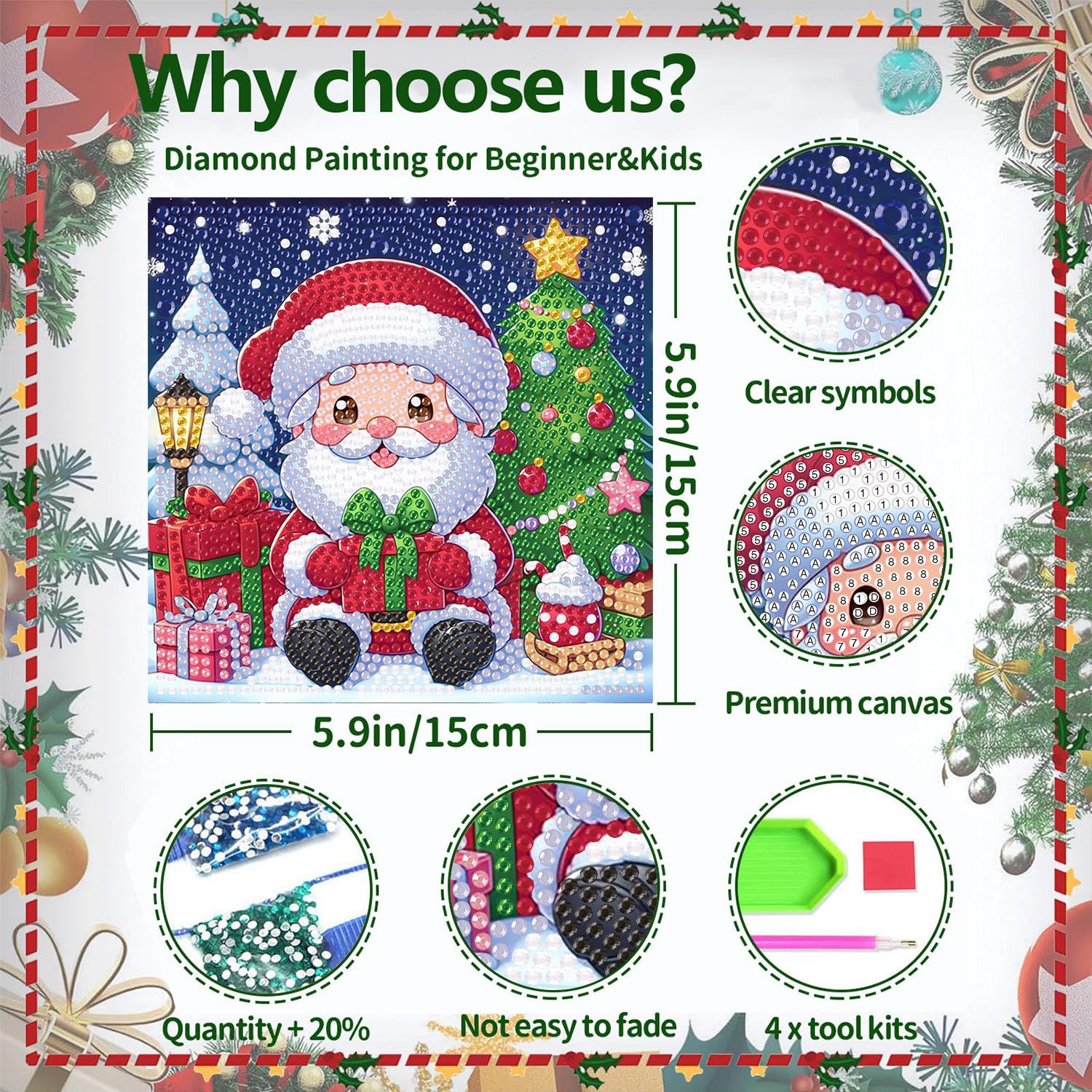 Cviokrdu Santa Claus diamond art for kids, 7x7 inch project.
