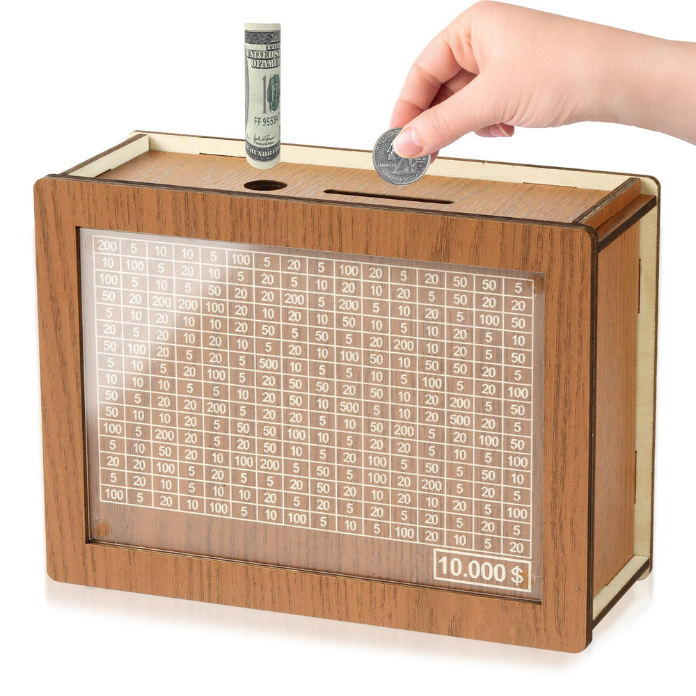 CVLDM 10000 savings box front view, durable wooden design for daily cash goals.
