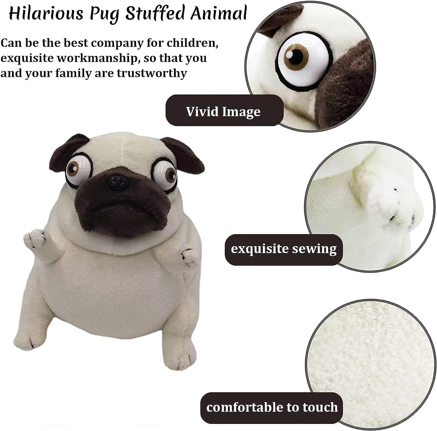 CWZY pug plush toy 16-inch face-detail shows wrinkled expression for imaginative play