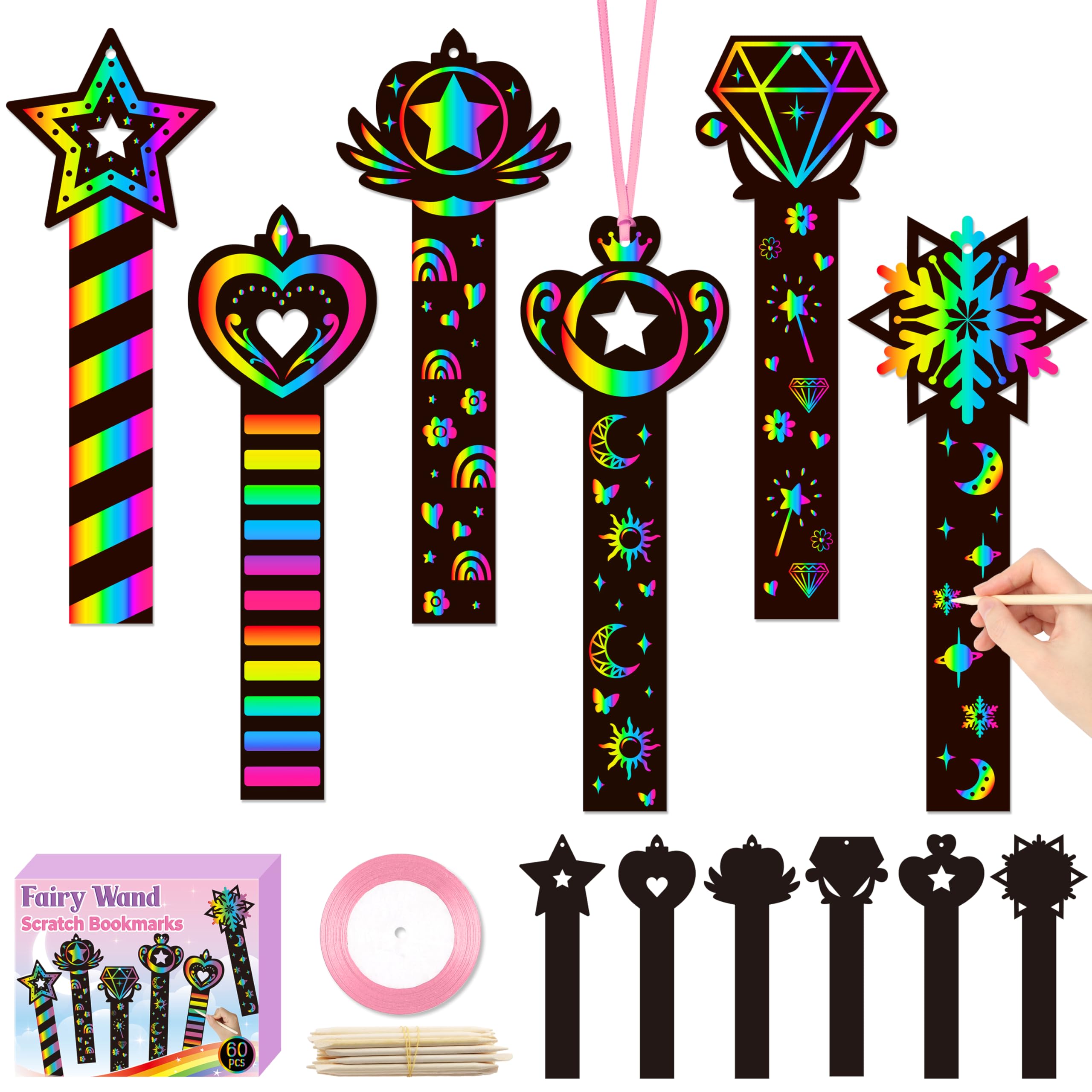 CY2SIDE princess wand scratch bookmarks, 60pc set for imaginative play and crafts.