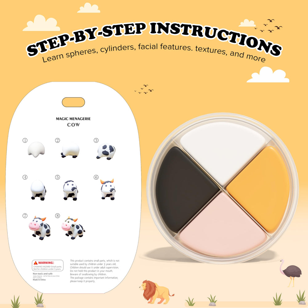 Step-by-step instruction cards guide 12 animal projects