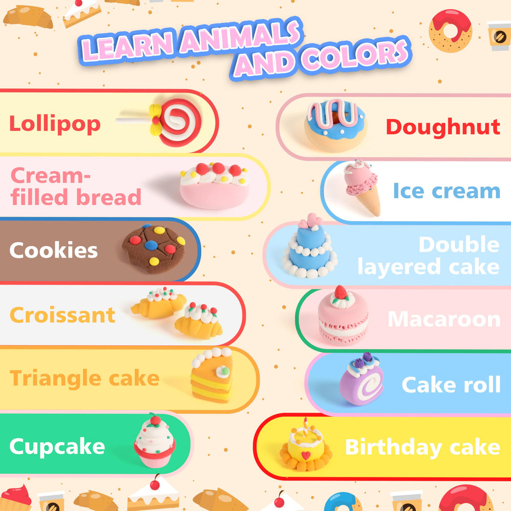CyAJM illustrated instruction cards guiding kids through 12 cake models