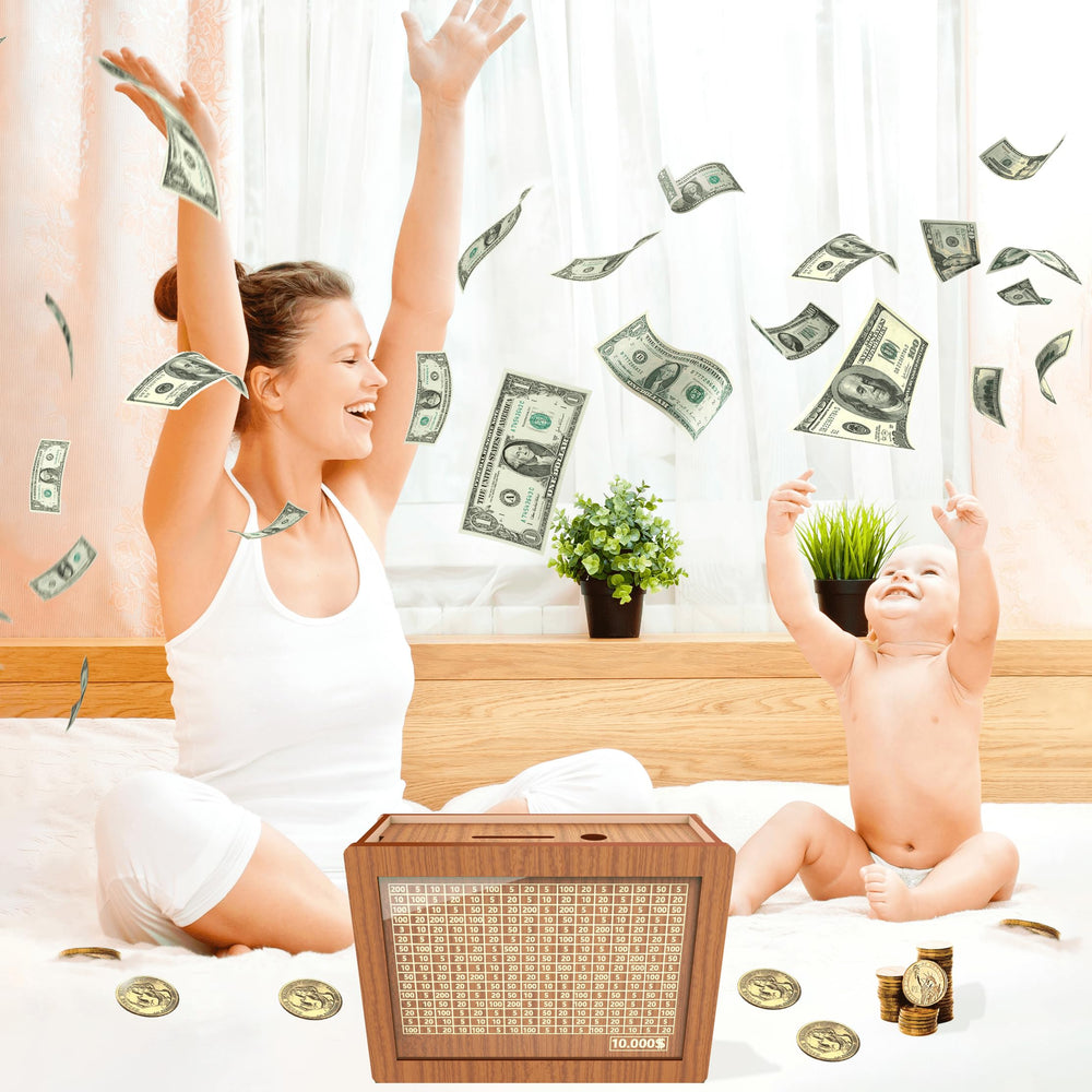 CYANLUX money box lid displays target numbers for incremental savings.