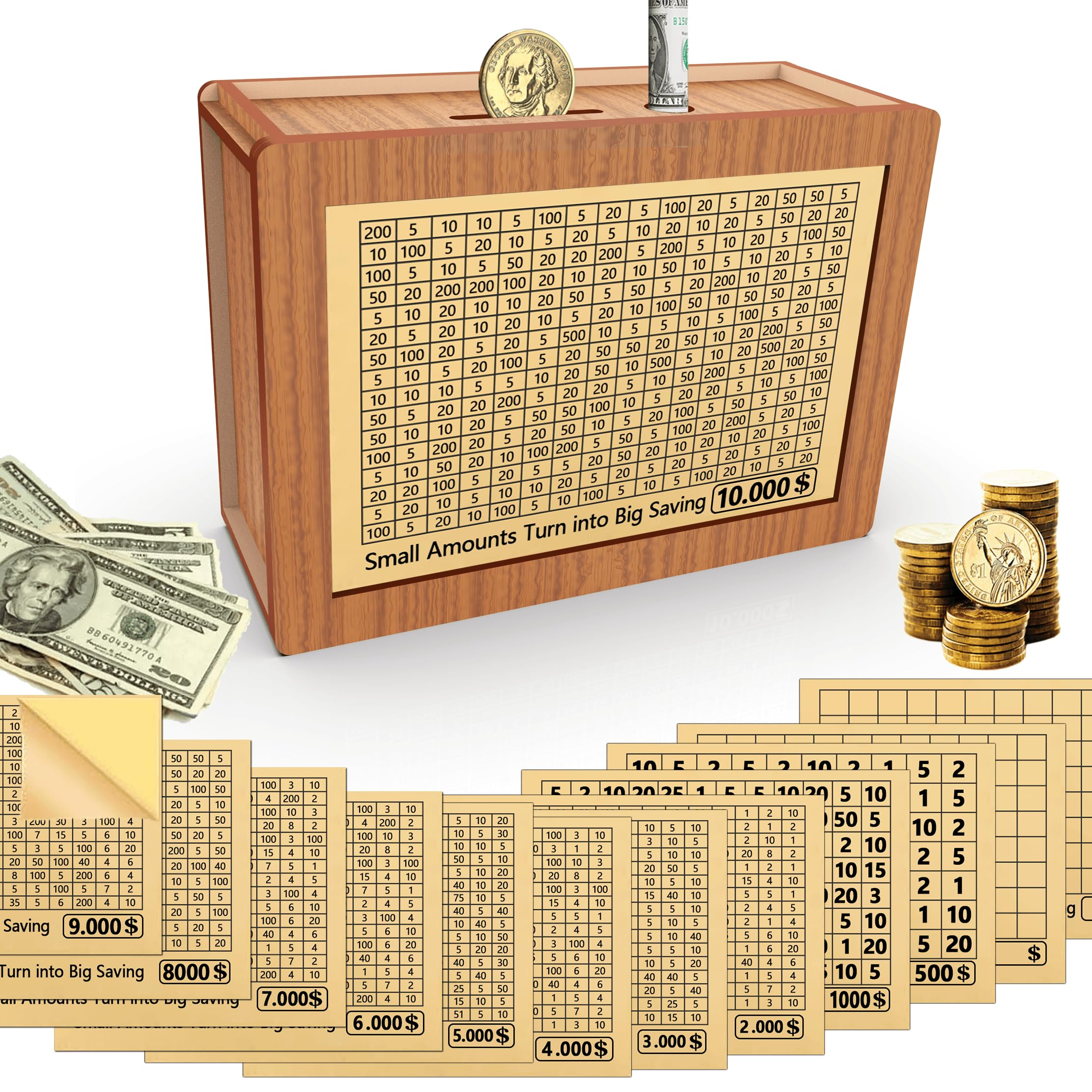 CYANLUX piggy bank with a wooden brown box, ideal for family savings