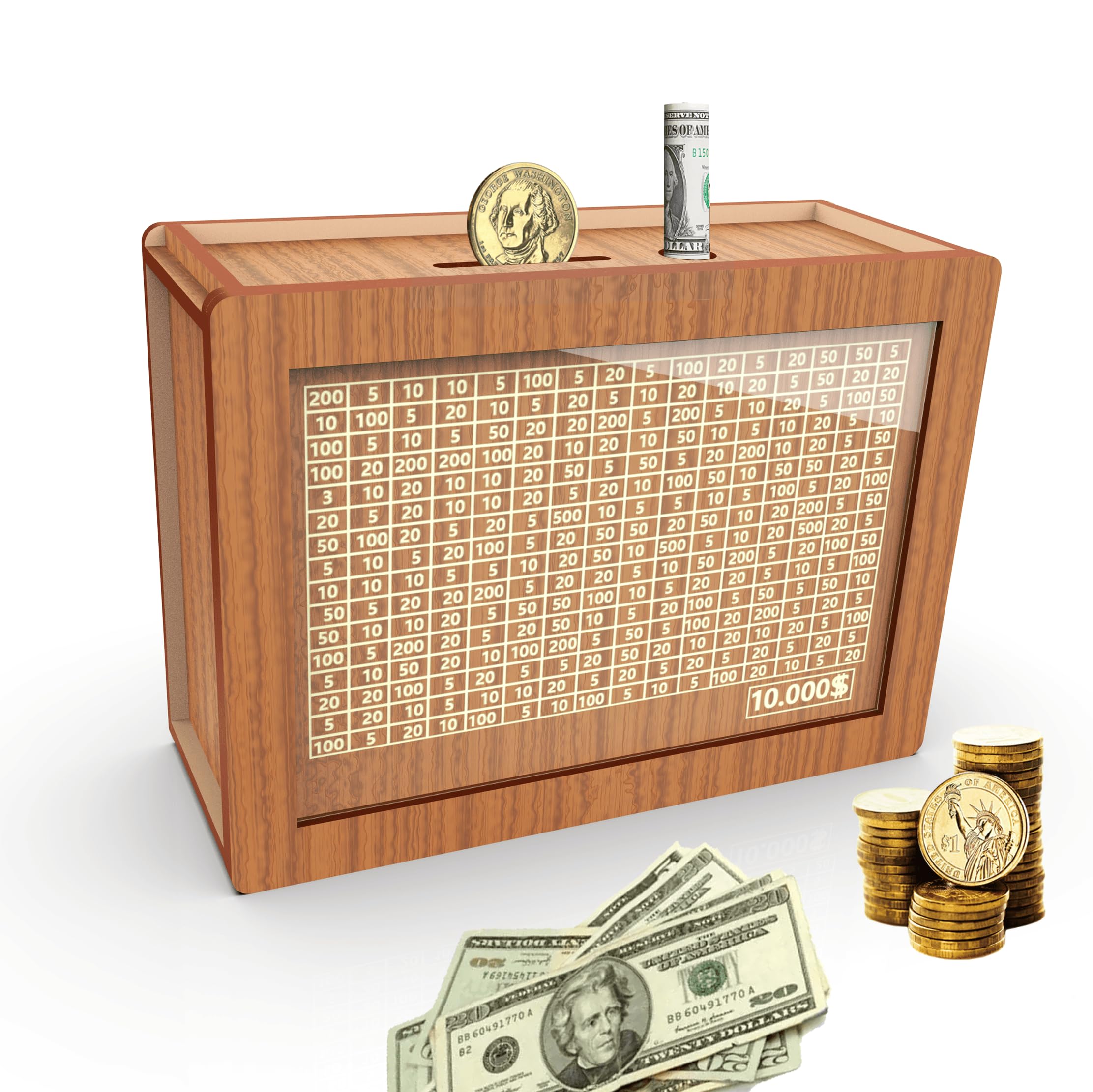 CYANLUX wooden piggy bank counter showing progress toward the $10,000 goal.