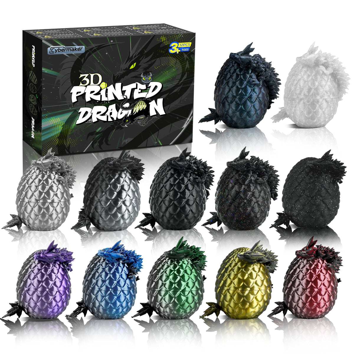 Cybermaker Black Dragon Eggs set viewed from front for display and collection.