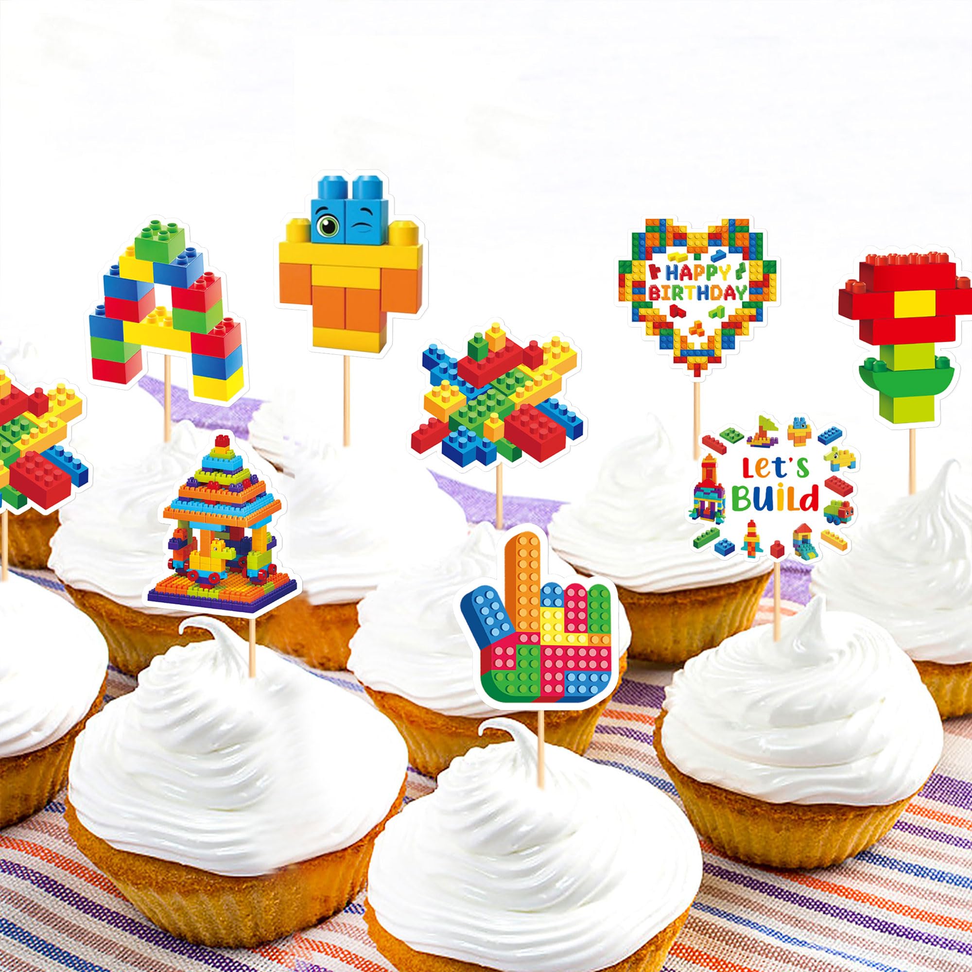 Cyodoos building block cupcake toppers on cupcakes showcasing brick-themed party styling