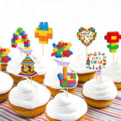 Cyodoos building block cupcake toppers on cupcakes showcasing brick-themed party styling