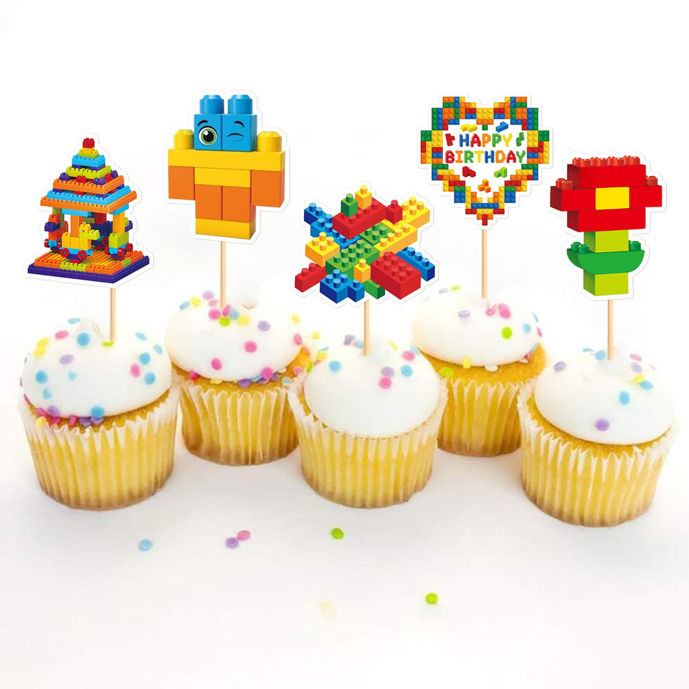 Cyodoos building block cupcake toppers arranged for a kid's birthday display