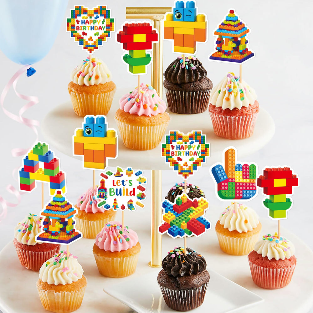 Cyodoos building block cupcake toppers used as fruit picks at a celebration