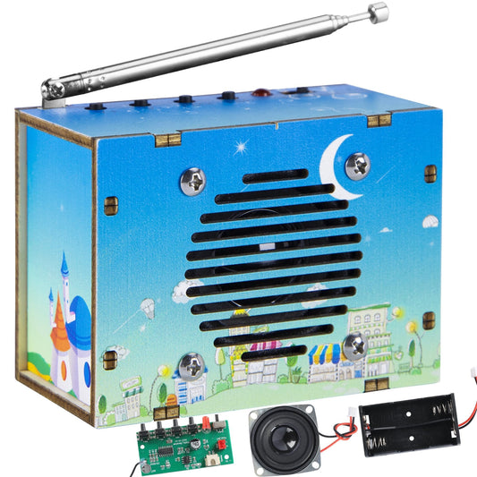 CYOEST FM Radio Kit front view showing compact printed blue design for hands-on learning.