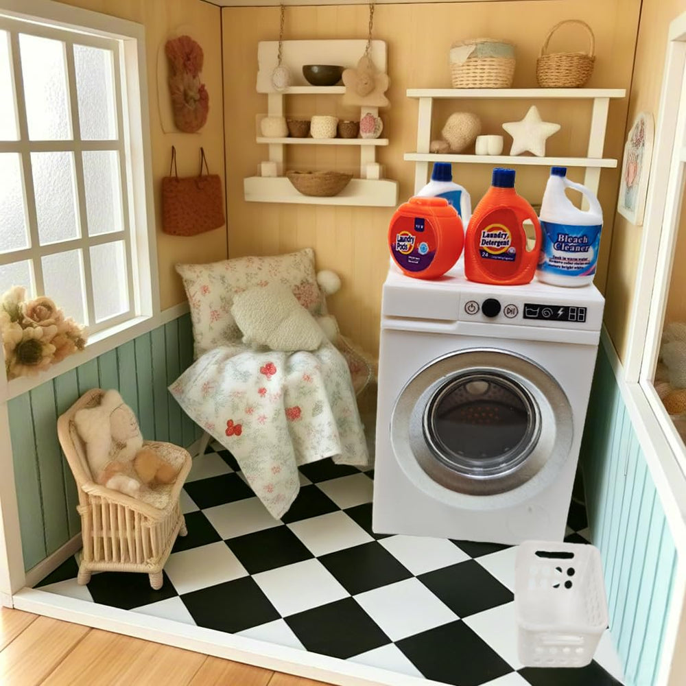 Cyraft mini laundry set with detergent bottles and basket supports authentic scene setup