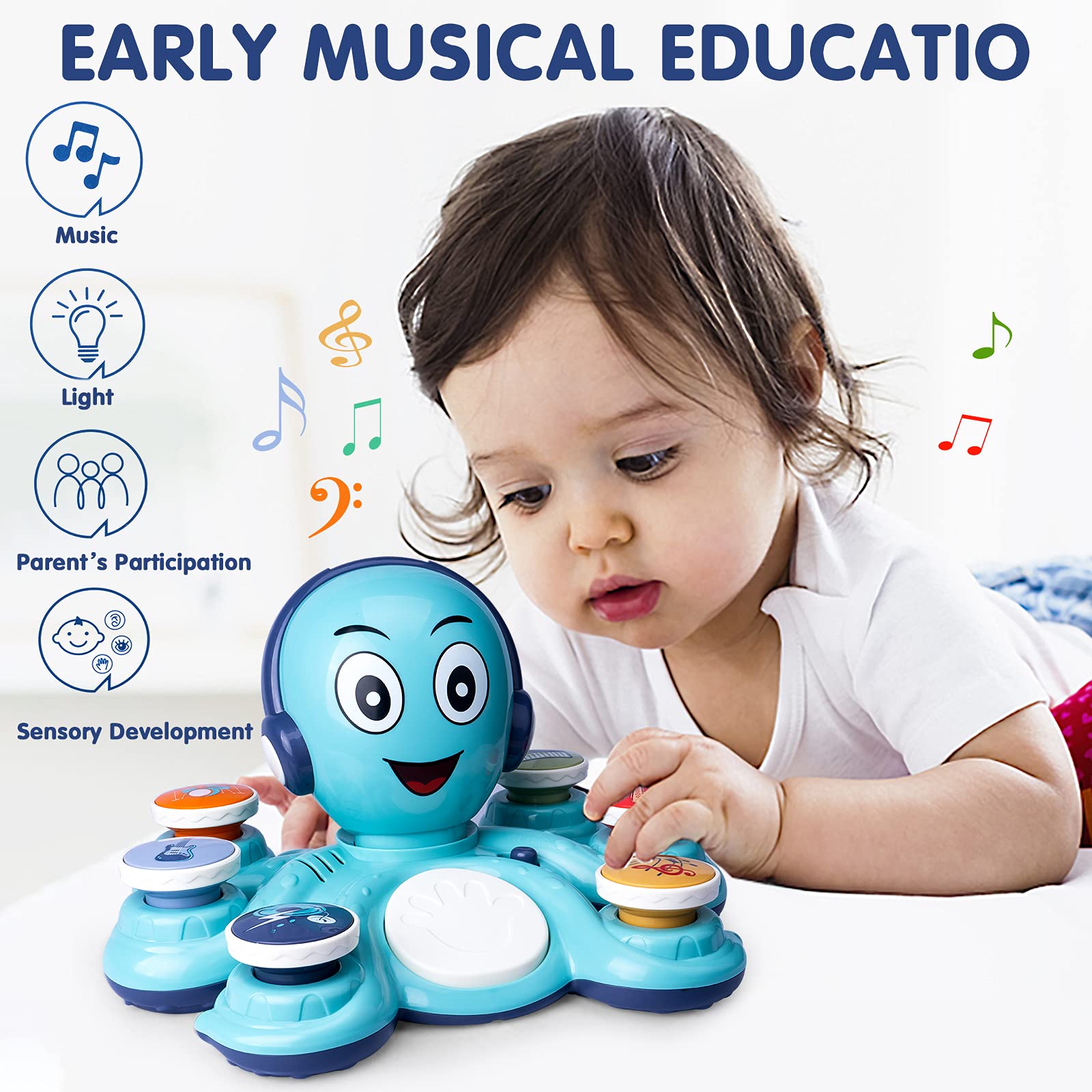 CYURMJUN toddler playing with octopus music toy demonstrates hands-on musical exploration.