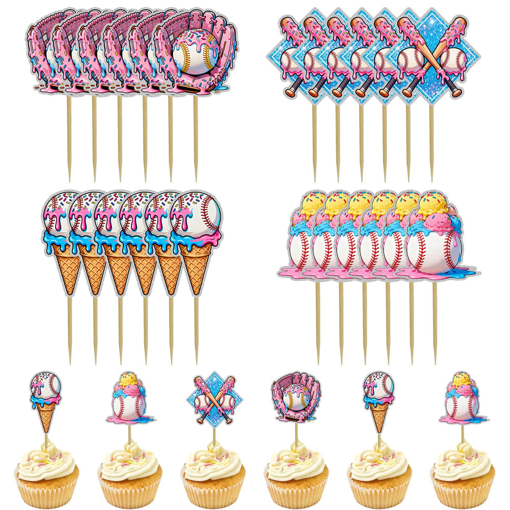 CYUXING 24pcs baseball ice cream decorations pack adds vibrant party flair to cupcakes.