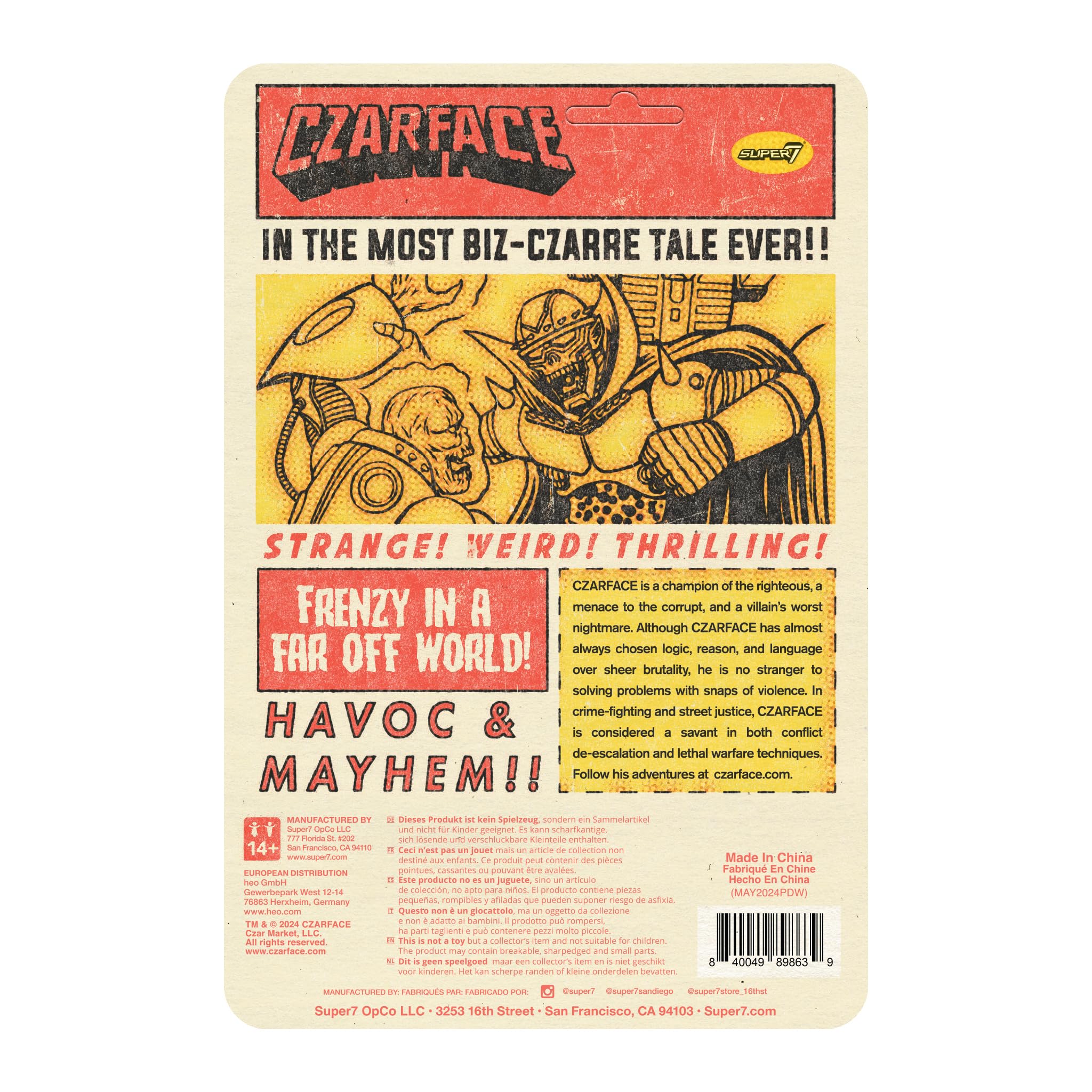 Czarface vinyl cape detail enhances retro-action aesthetics on shelf.
