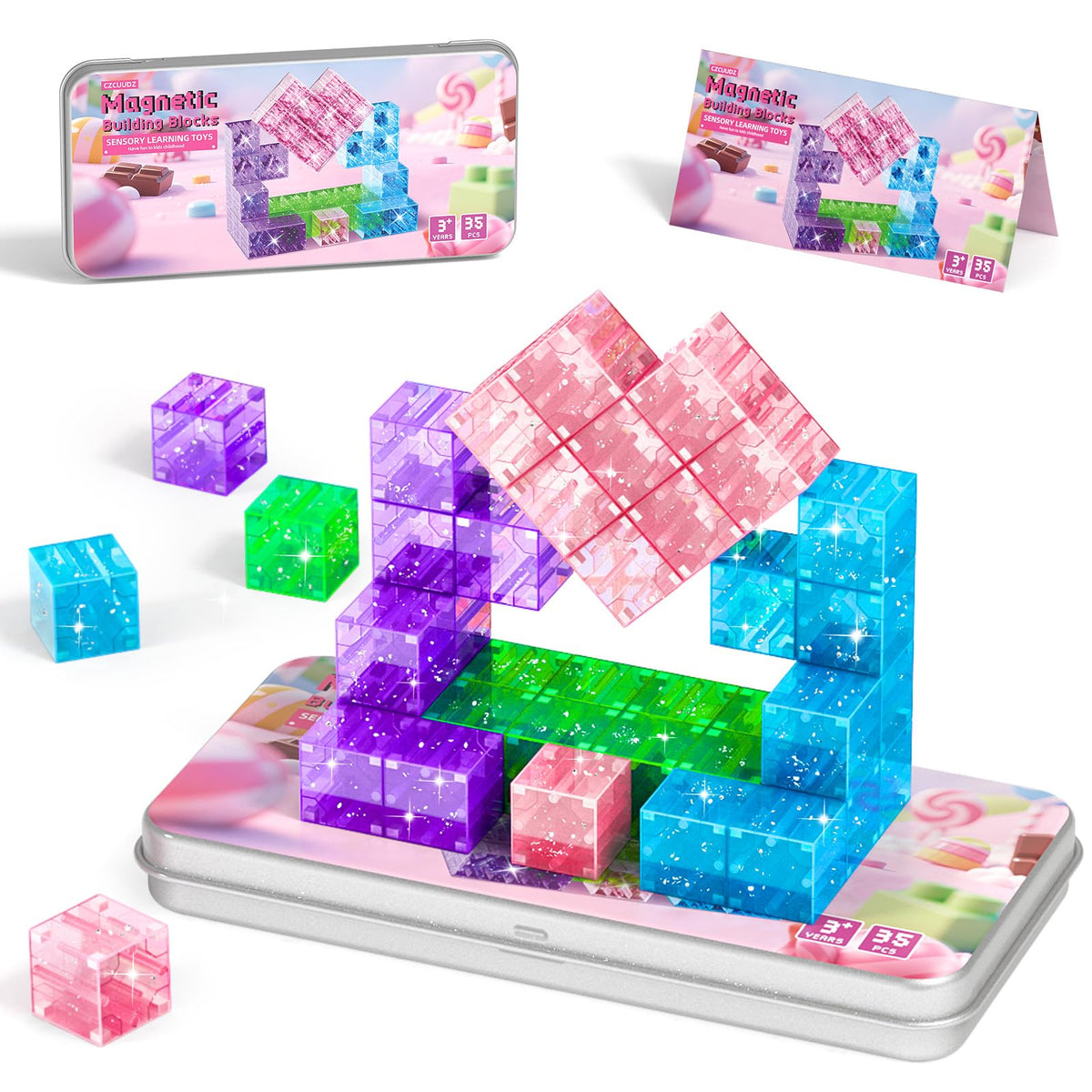 CZCUUDZ Magnetic Blocks Travel Set on the iron box enables portable, screen-free play.