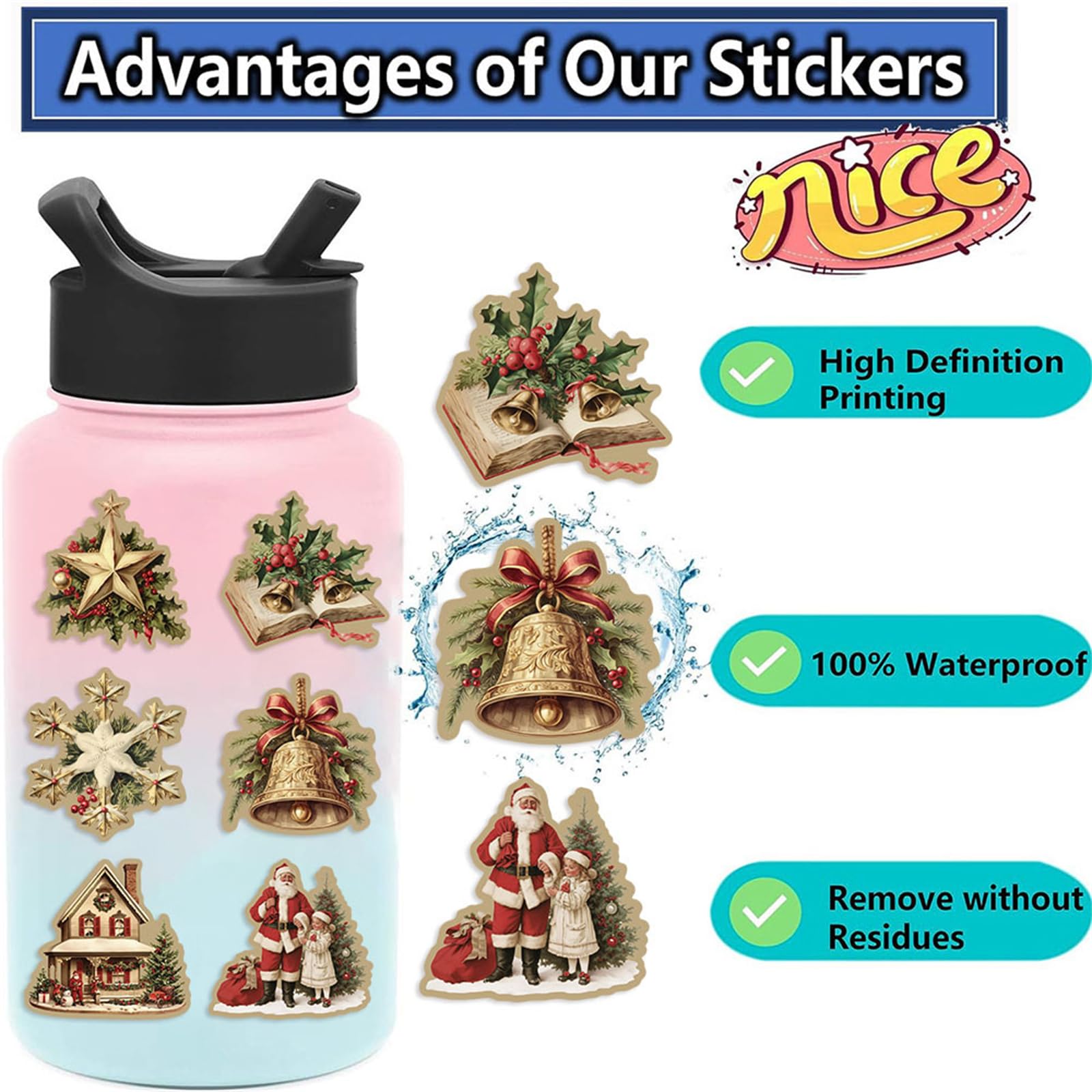 CZSWMD Vintage Christmas stickers on a water bottle for long-lasting color