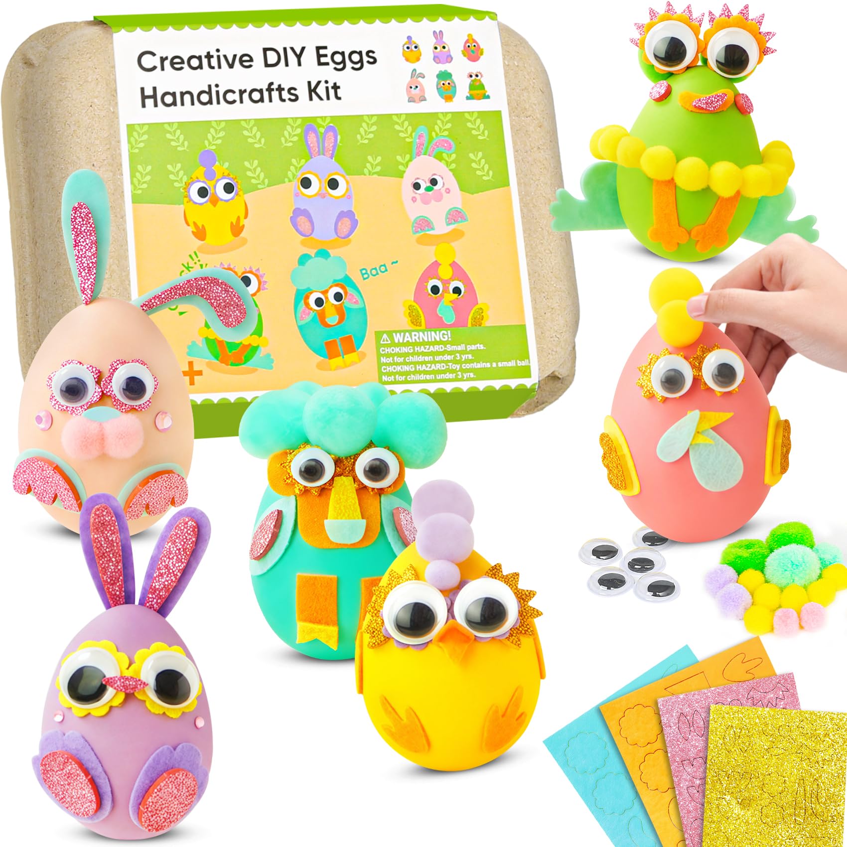 CZTDCP 6-pcs plastic Easter egg set with pom-poms for creative home crafts.