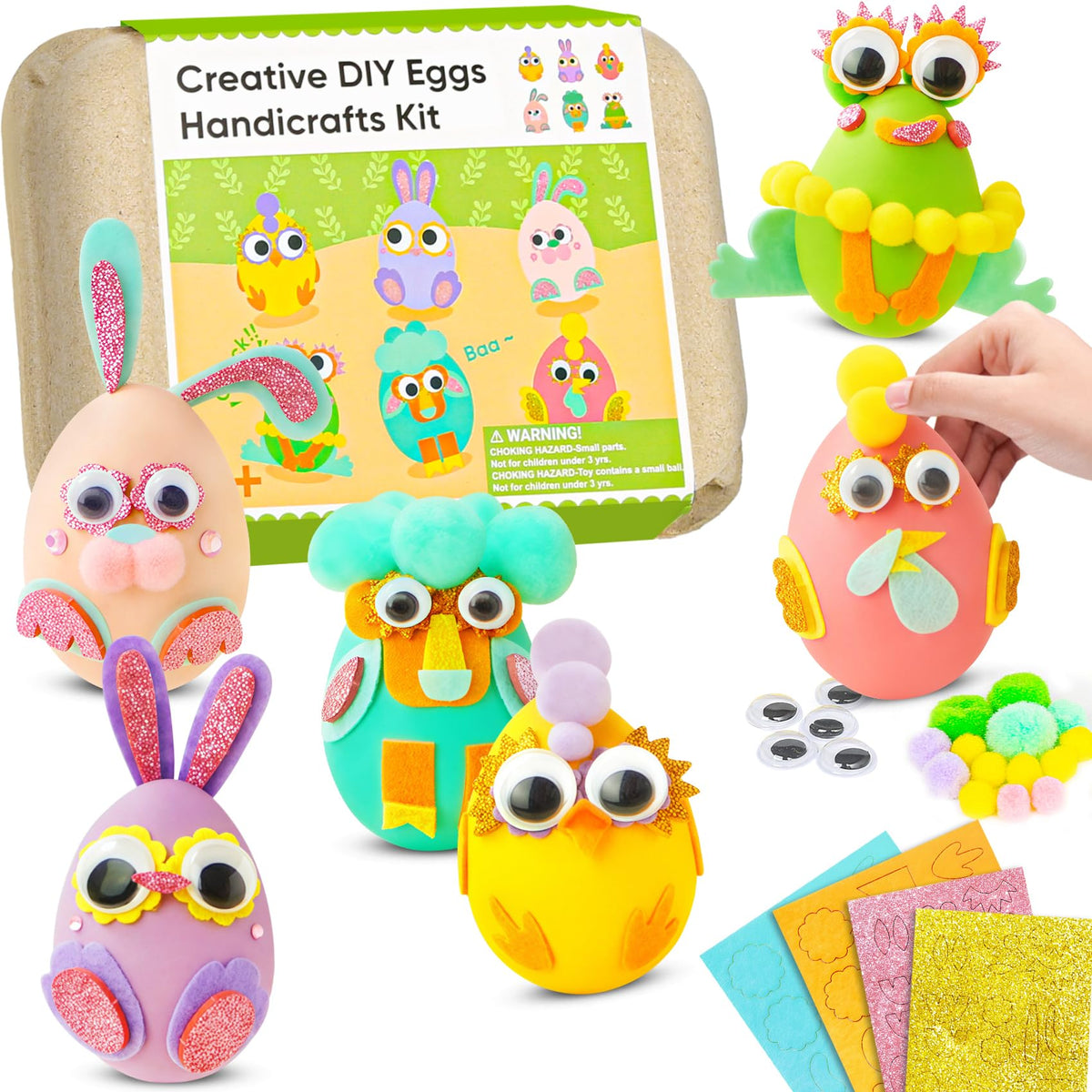 CZTDCP 6-pcs plastic Easter egg set with pom-poms for creative home crafts.