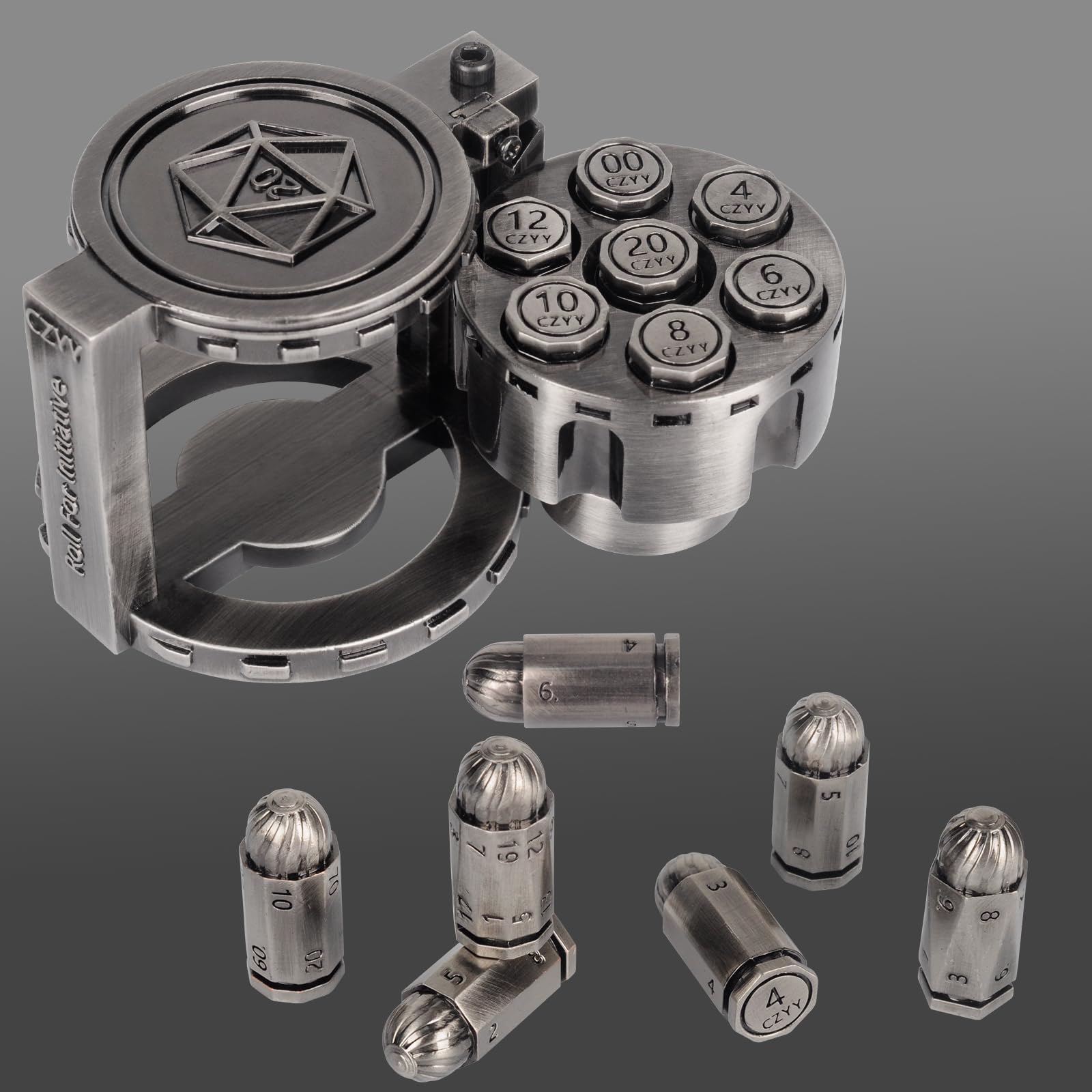 CZYY Bullet Dice D20 in polished metal for epic combat rolls.