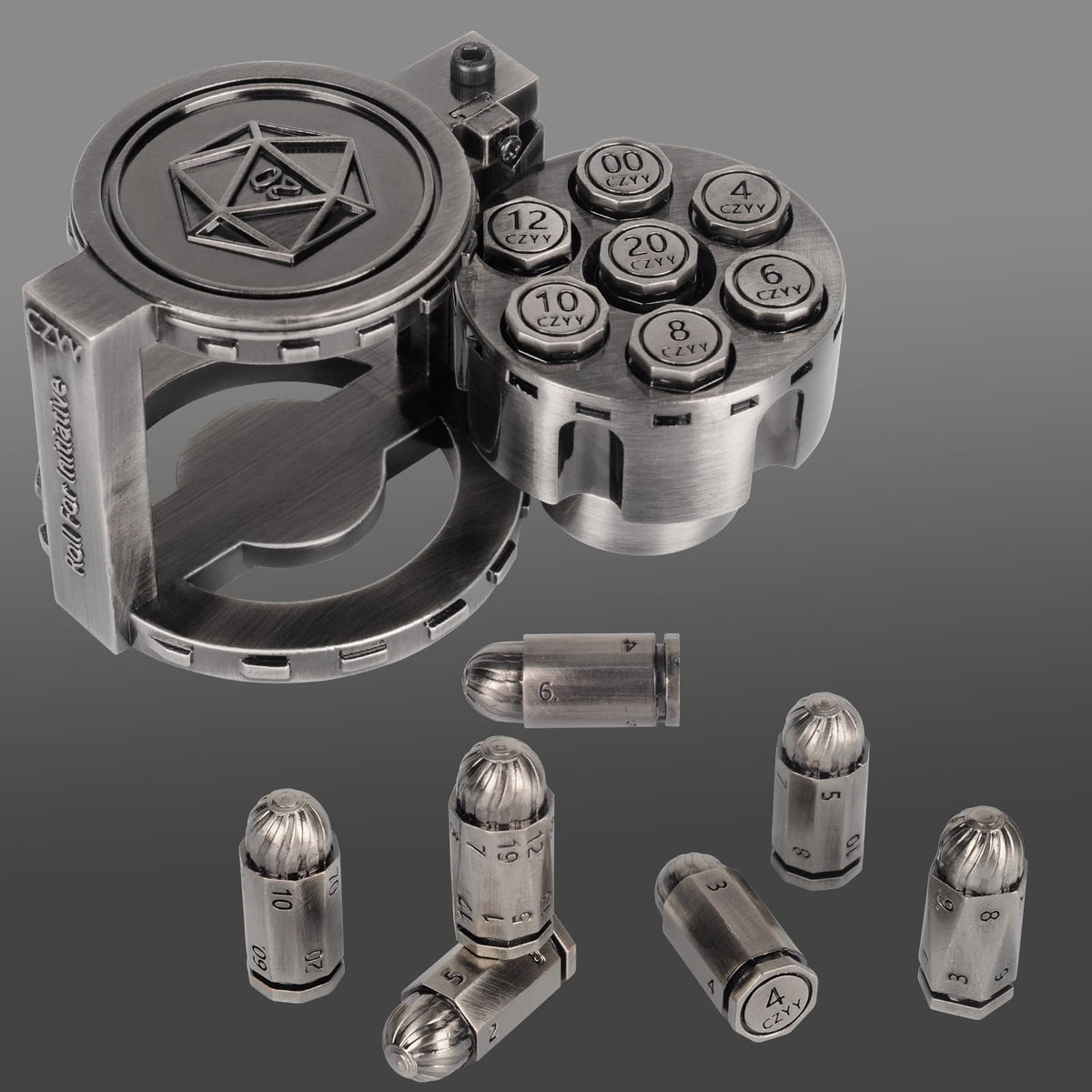 CZYY Bullet Dice D20 in polished metal for epic combat rolls.