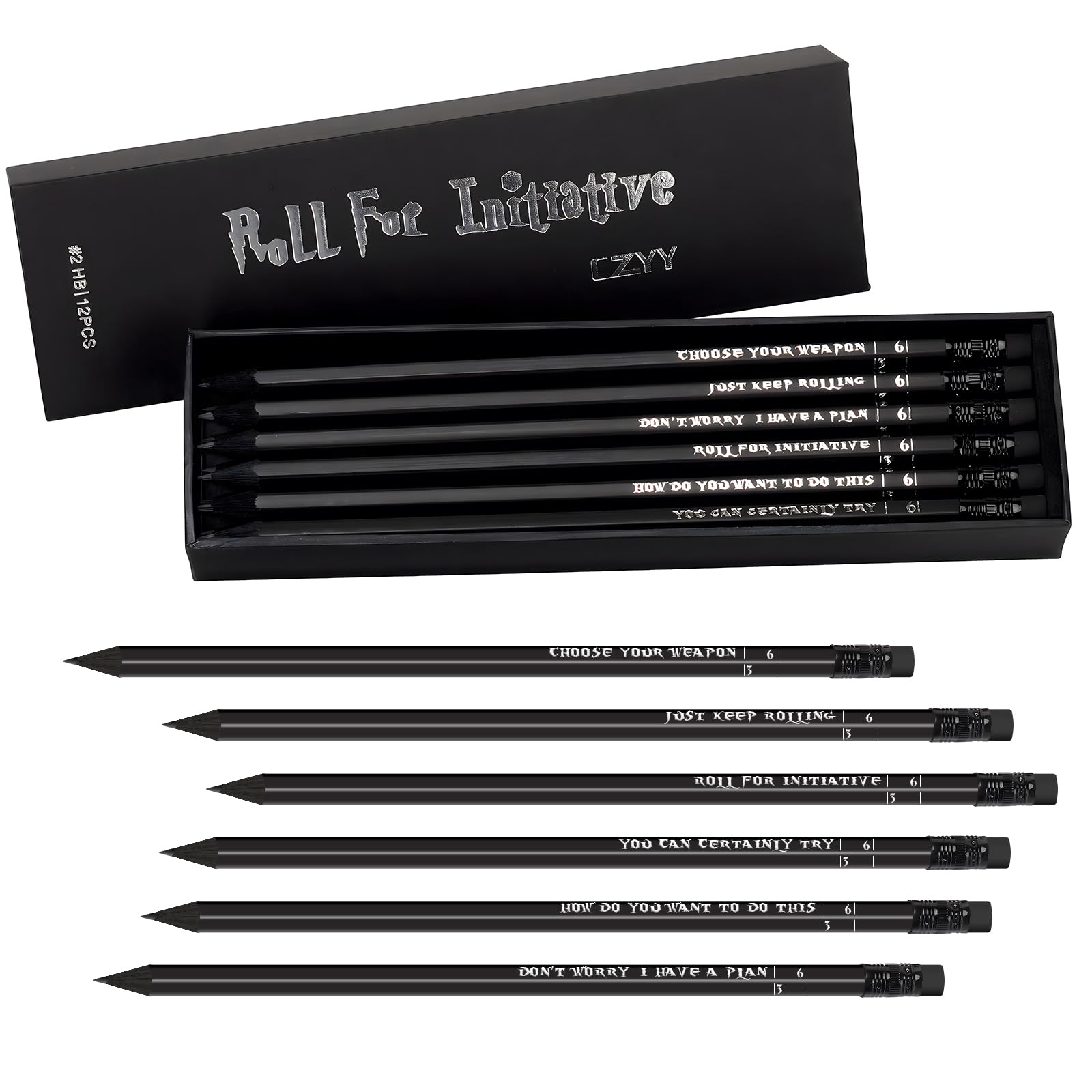 CZYY DND pencils with silver foil slogans for themed notes