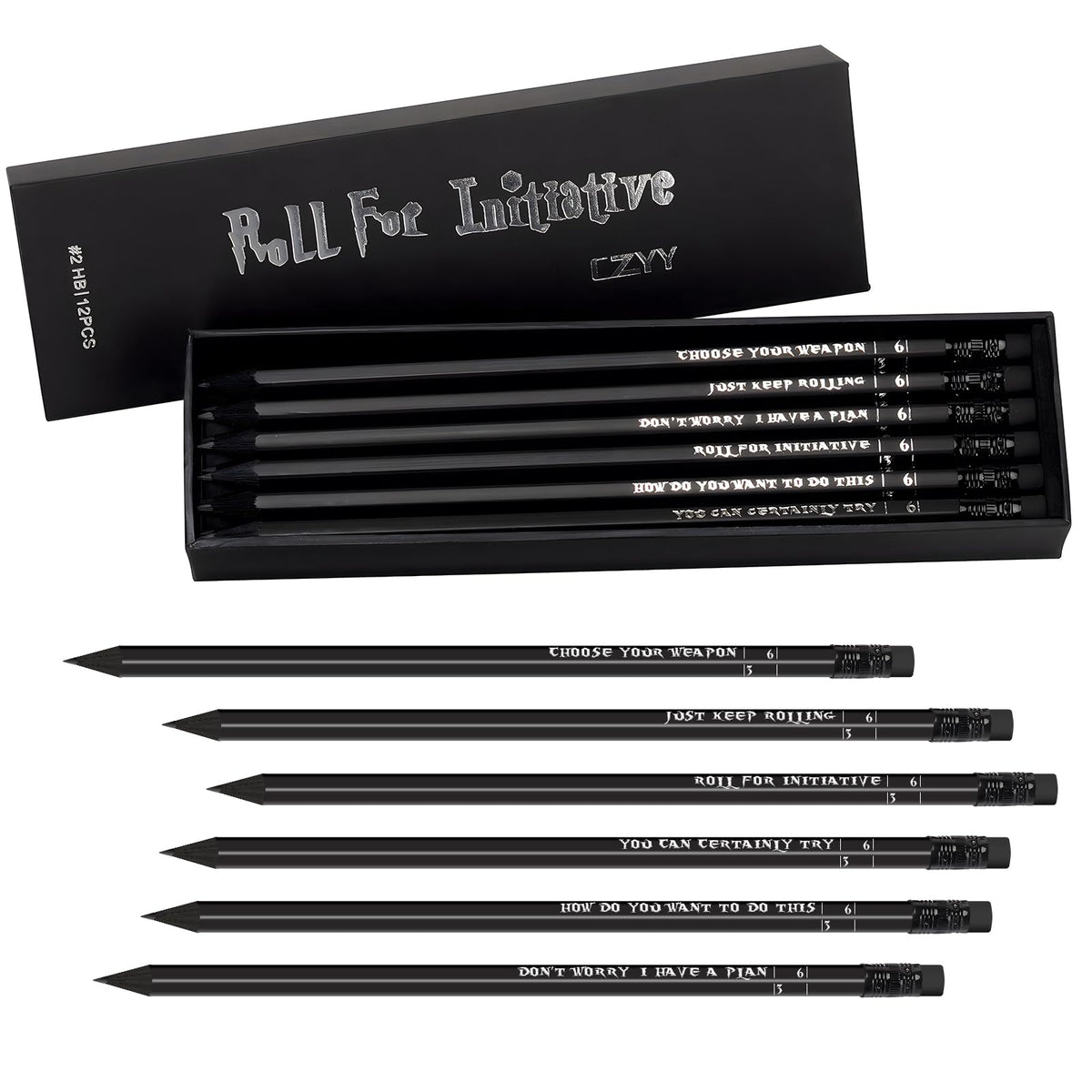 CZYY DND pencils with silver foil slogans for themed notes