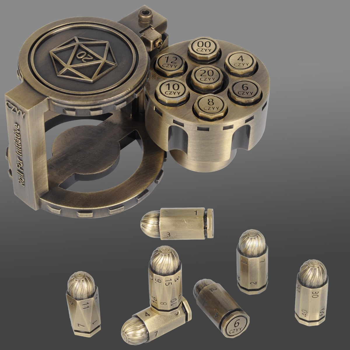 CZYY metal bullet dice set on wood table for immersive combat sessions