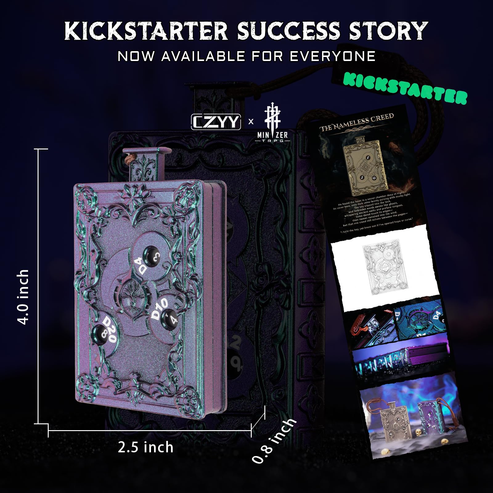 CZYY MinZerTRPG roulette dice on spellbook backdrop complements fantasy game nights.