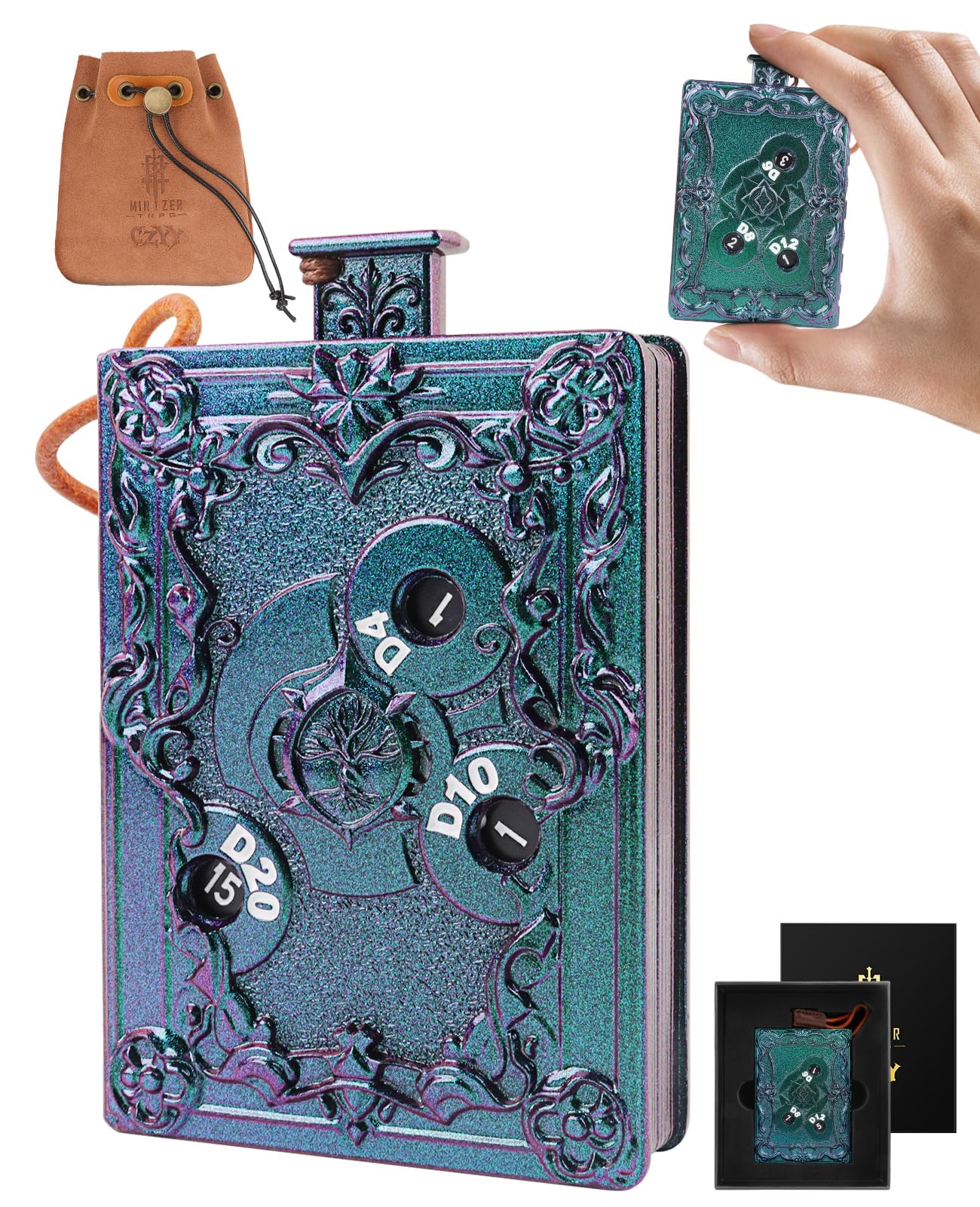 CZYY MinZerTRPG roulette dice in closed spellbook design for travel-ready convenience.