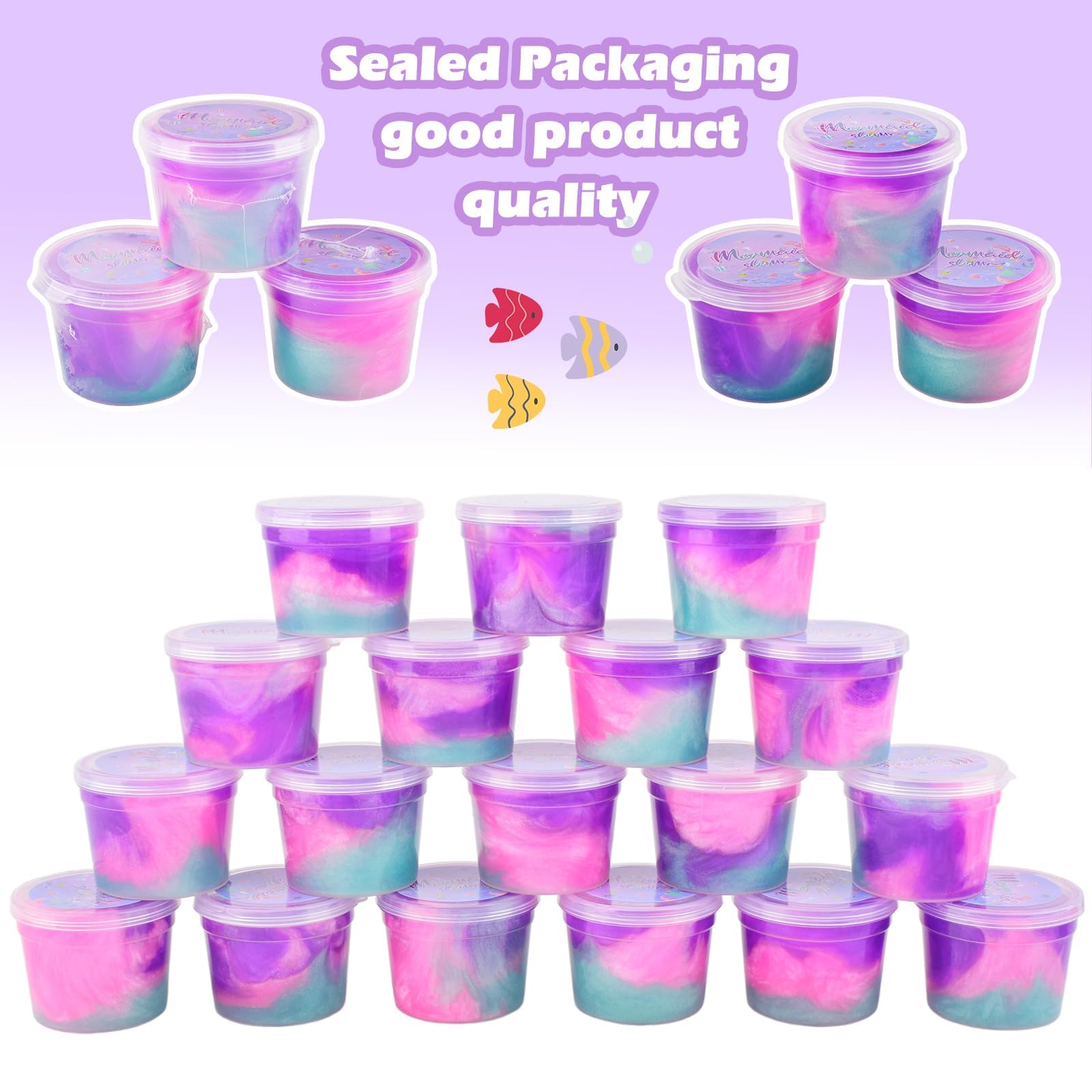 D'ALBA party favors display with mermaid slime cups, perfect for events.