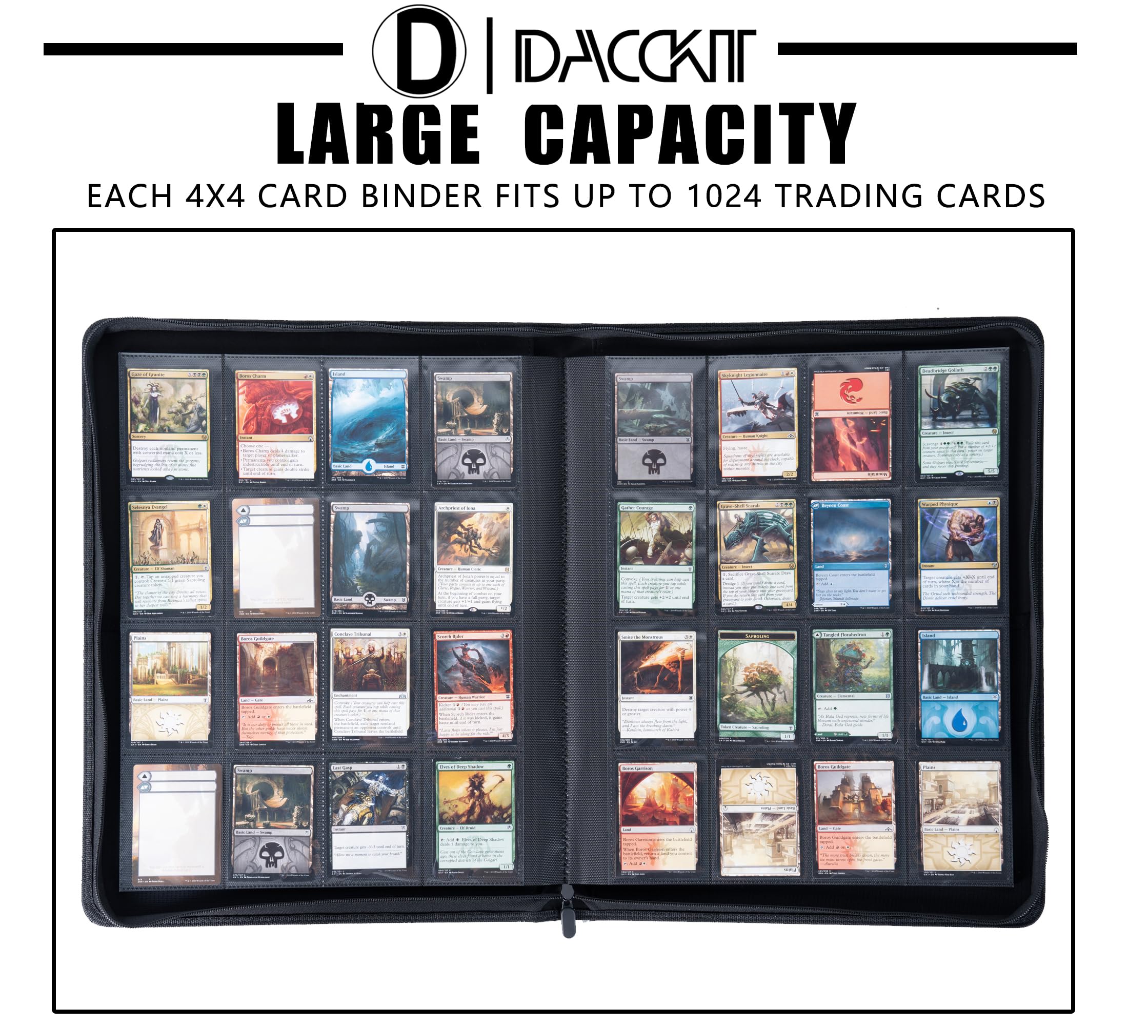 D DACCKIT binder page view demonstrates clear sleeves for quick card visibility