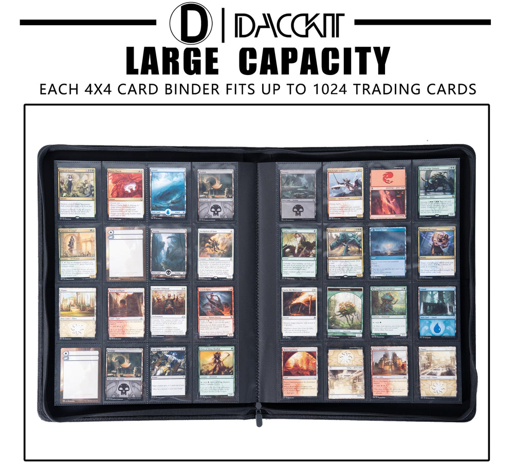 D DACCKIT binder page view demonstrates clear sleeves for quick card visibility