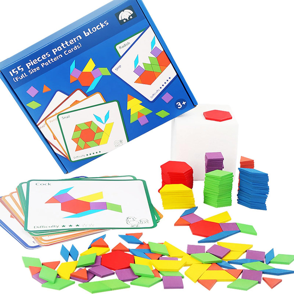 D-KINGCHY wooden pattern blocks collection for creative play and learning.
